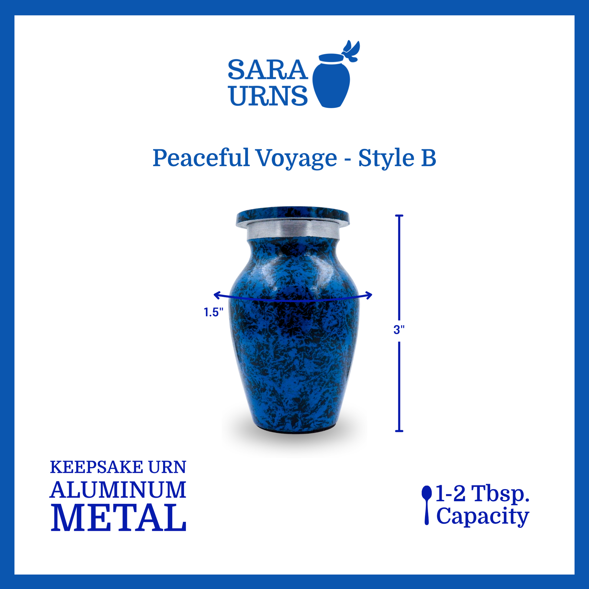 An all-blue aluminum metal keepsake urn with a black speckled pattern across the body and lid that is specified as 1.5 inches in diameter, 3 inches tall and can fit approximately 1 to 2 tablespoons of ashes.