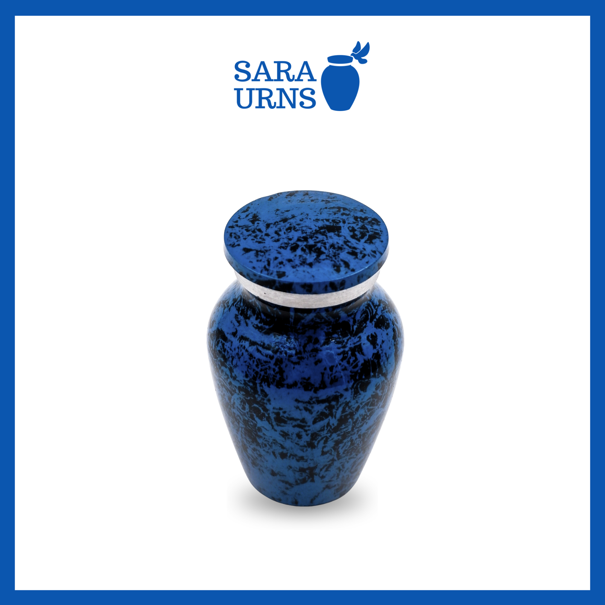 A higher angle of an all-blue aluminum metal keepsake urn with a black speckled pattern across the body and lid over a white background.