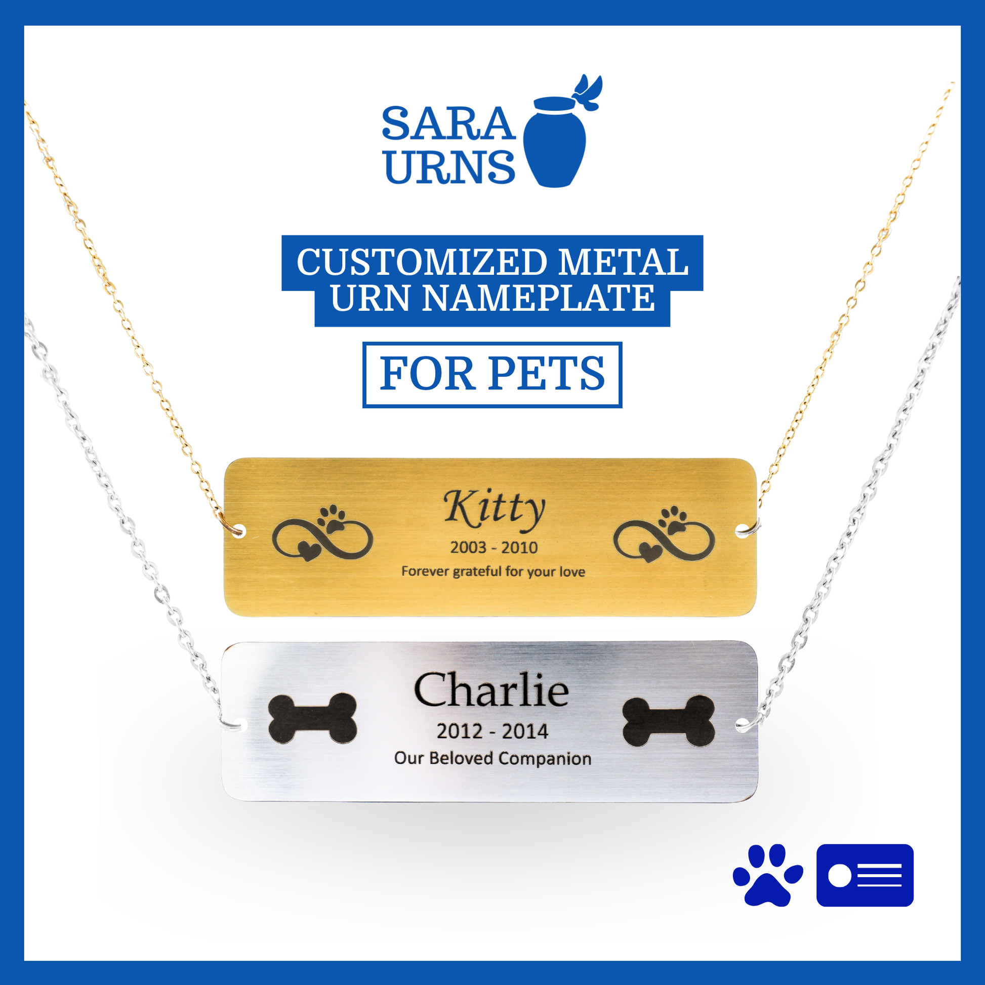A gold and silver pet urn nameplate that is showcased against a white background.