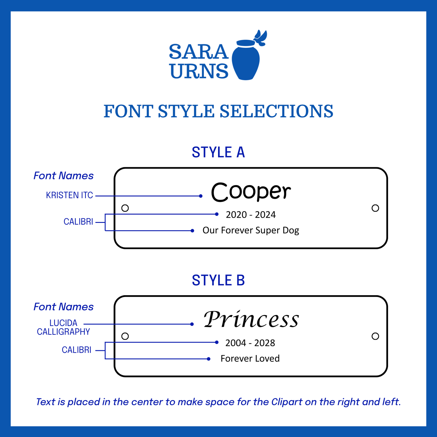 A selection of font styles in Style A and Style B for the large urn nameplate.