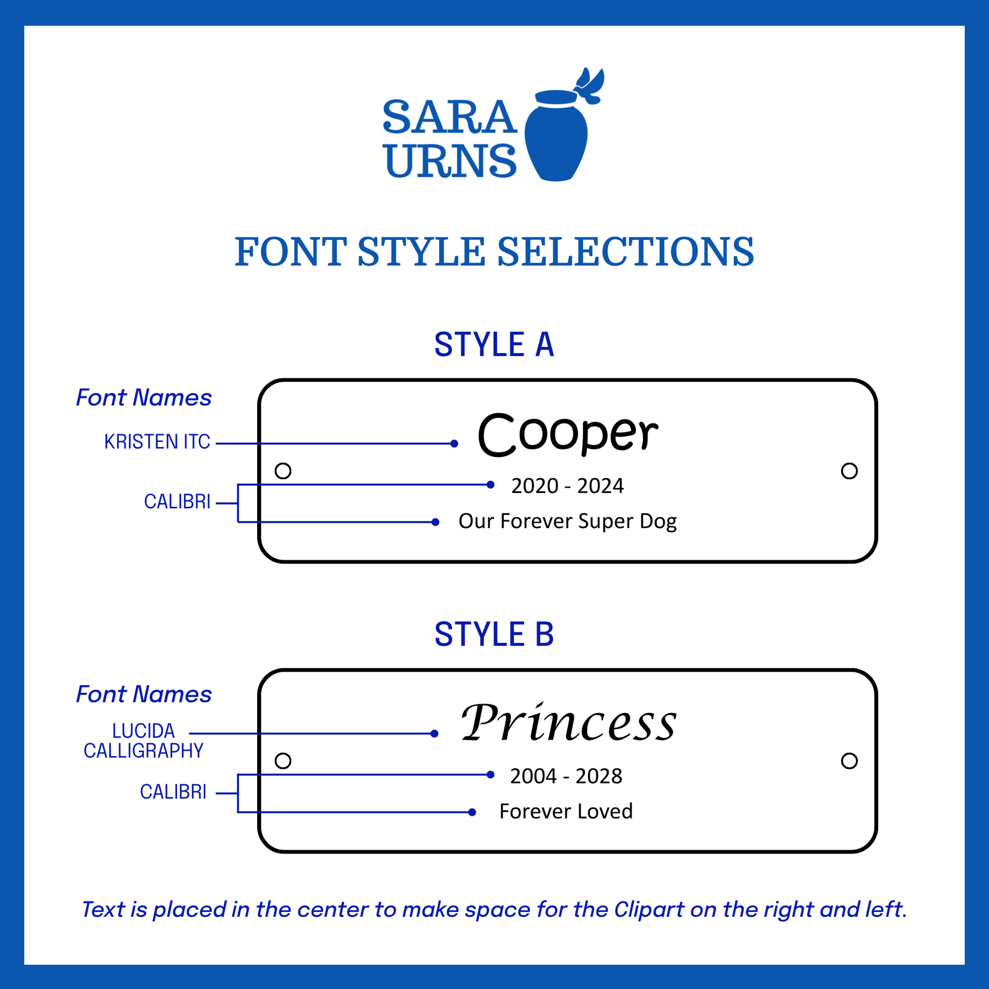 A selection of font styles in Style A and Style B for the large urn nameplate.