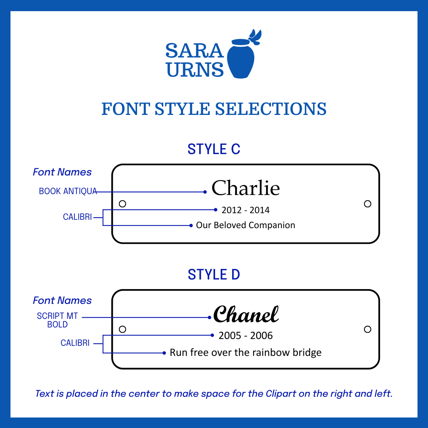 A selection of font styles in Style C and Style D for the large urn nameplate.