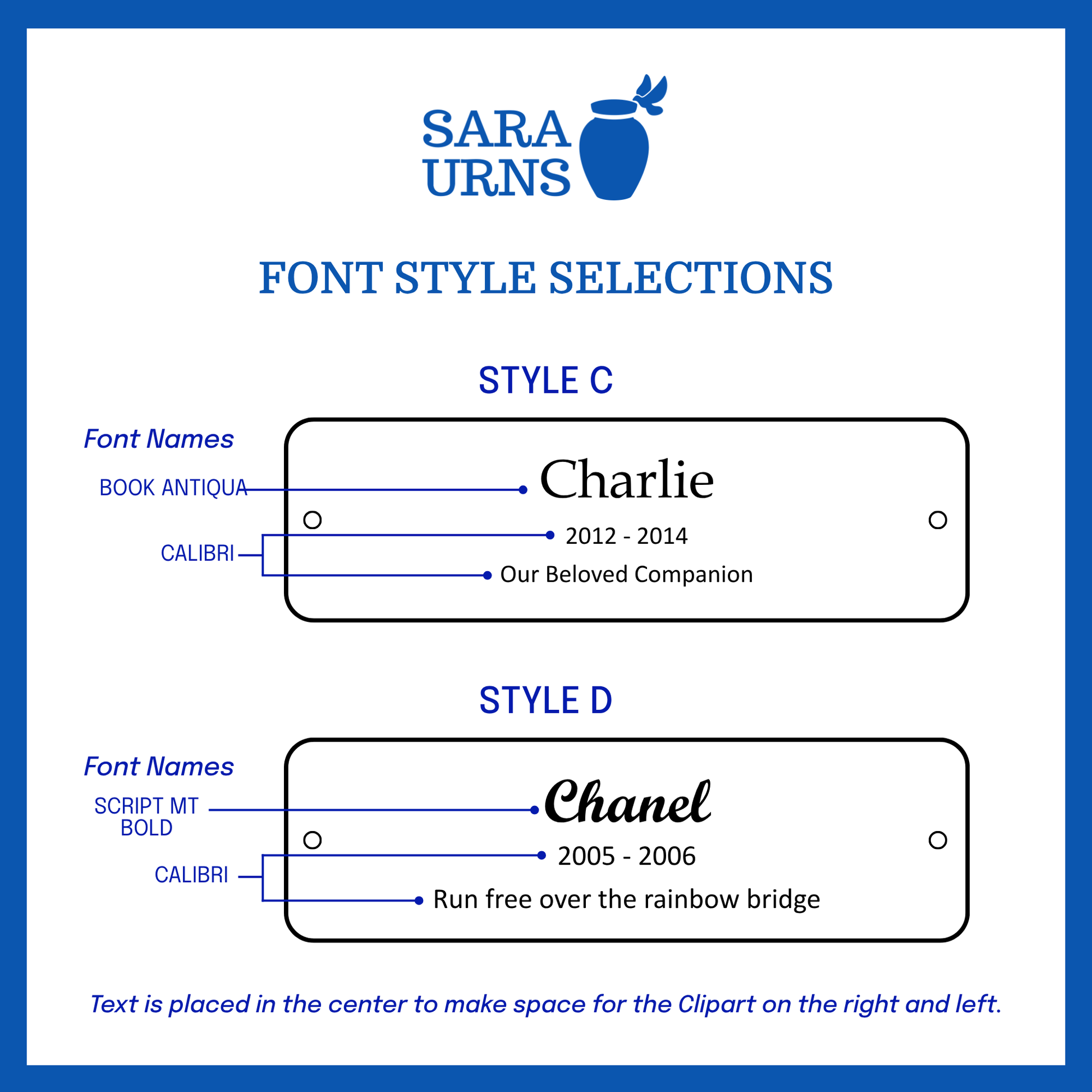 A selection of font styles in Style C and Style D for the large urn nameplate.