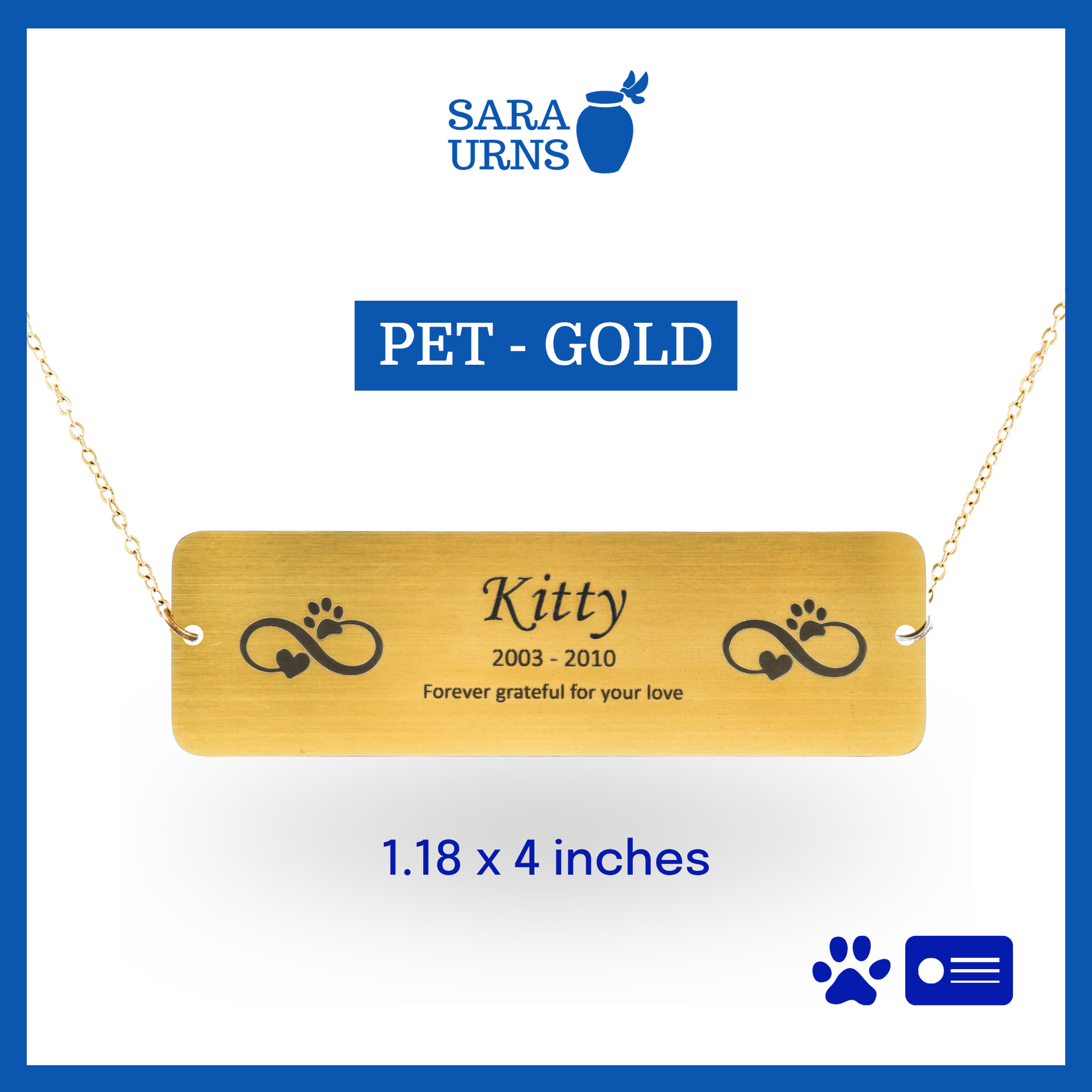 A gold pet urn nameplate that is showcased against a white background.