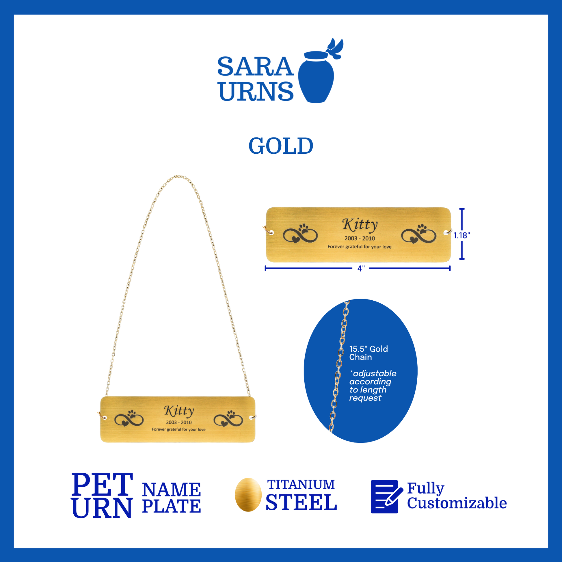 A gold pet urn nameplate that is specified as 4 inches in width and 1.18 inches tall with a chain of 15.5 inches in length.