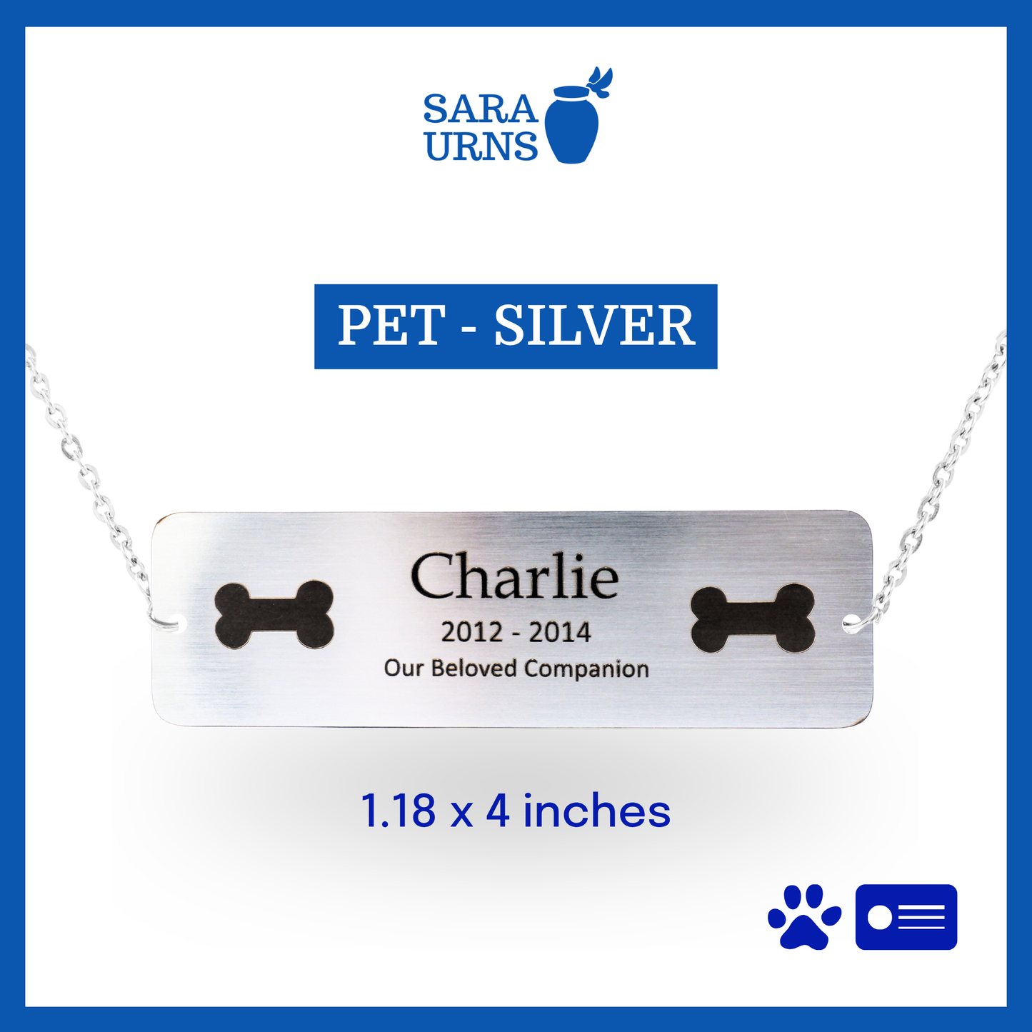 A silver pet urn nameplate that is showcased against a white background.
