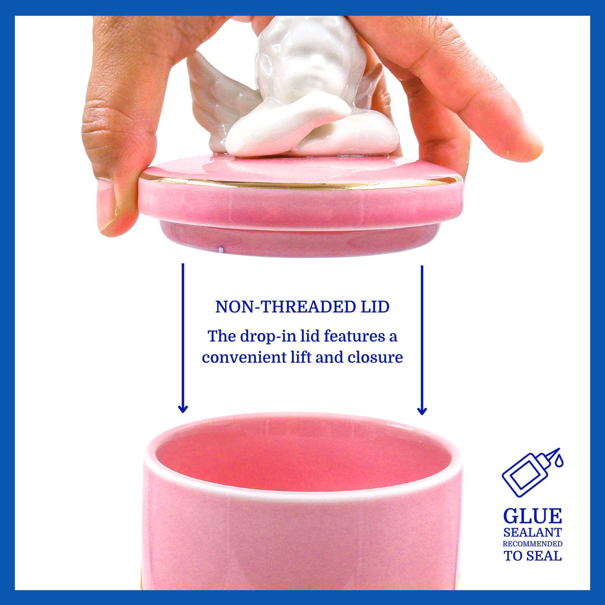A presentation of a pink polished ceramic baby urn’s non-threaded lid which highlights its accessibility.