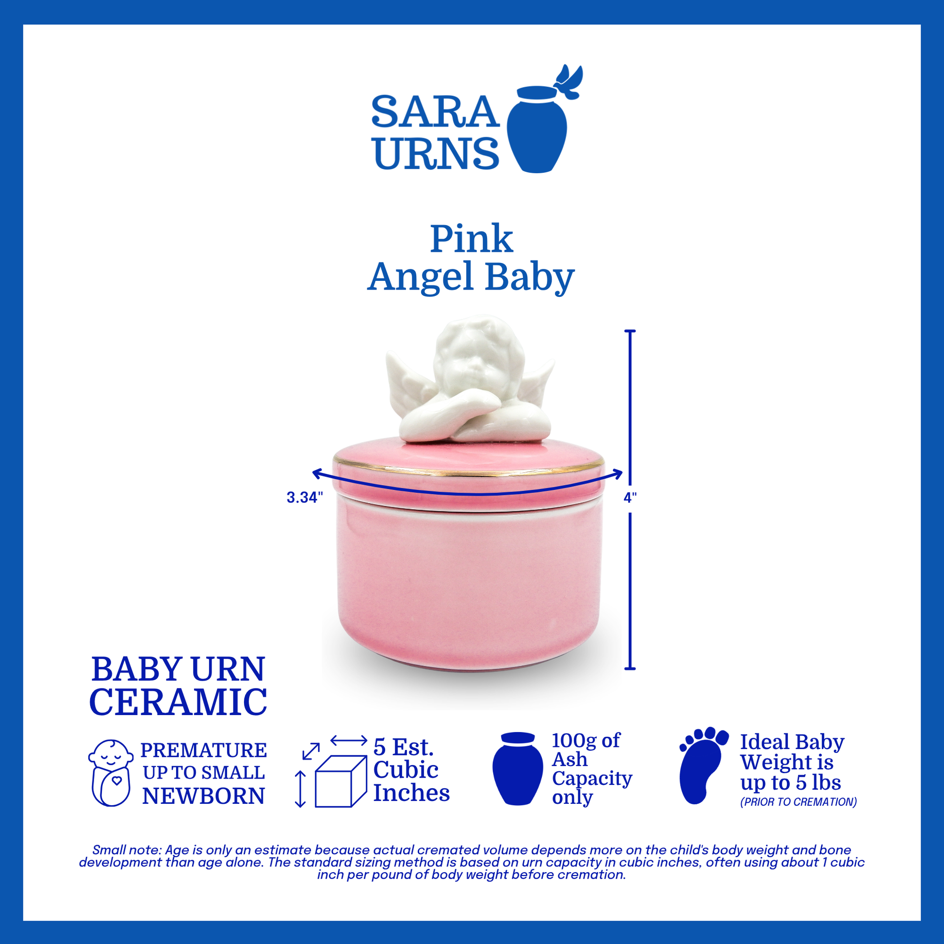 A pink polished ceramic baby urn with a cherub lid that is specified as 3.34 inches in diameter, 4 inches tall and can fit up to 100 grams of capacity. The ideal baby weight is up to 5 pounds and the estimated age is premature up to a small newborn.