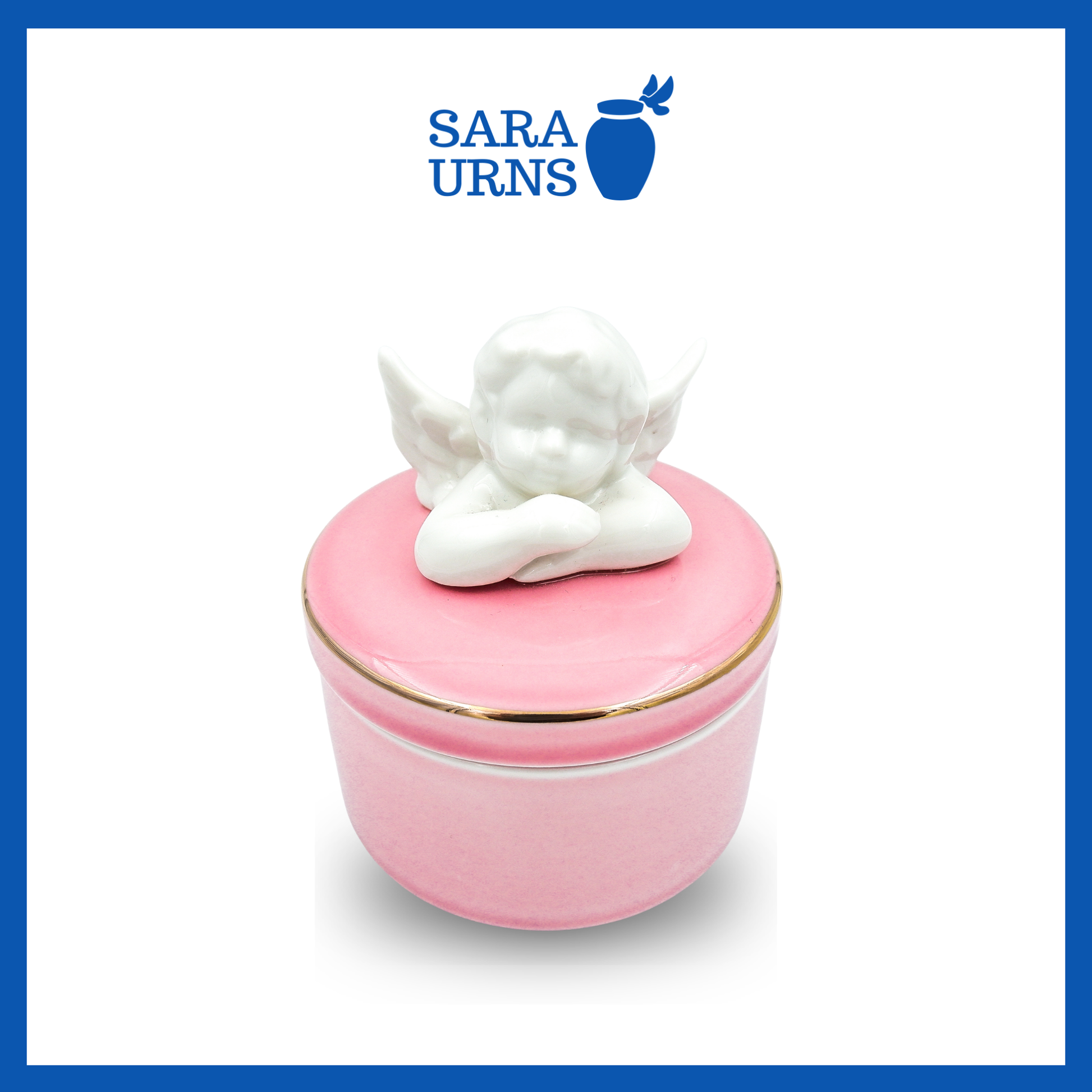 A higher angle of a pink polished ceramic baby urn with a cherub lid over a white background.
