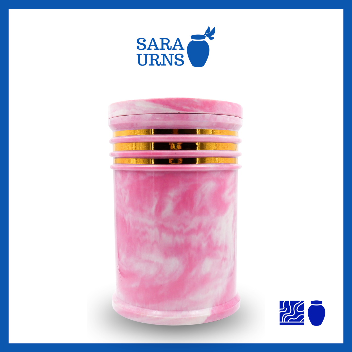 A polished pink cultured marble urn with an abstract, liquid marble pattern and gold detail over a white background.