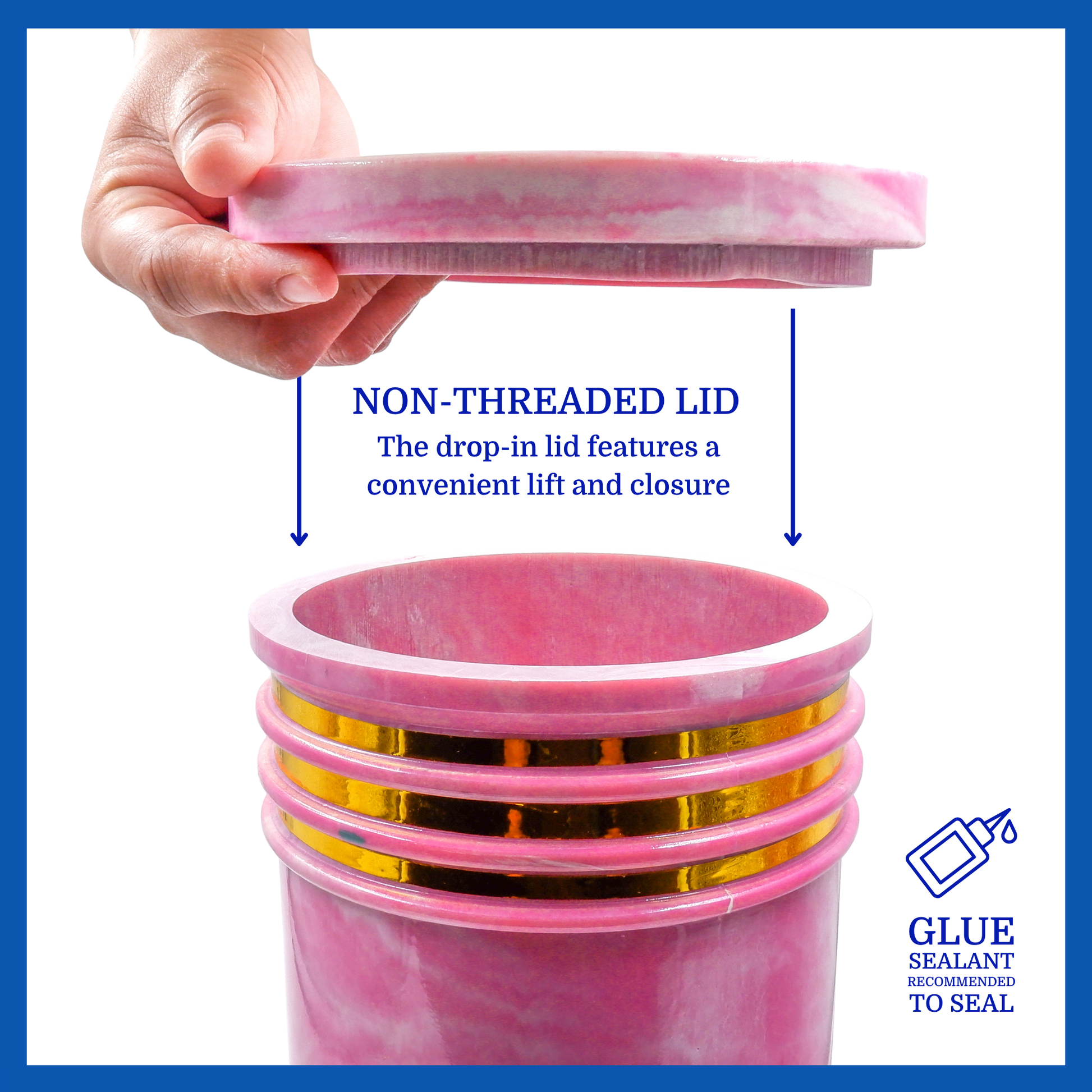 A presentation of a pink cultured marble urn’s non-threaded lid which highlights its accessibility.