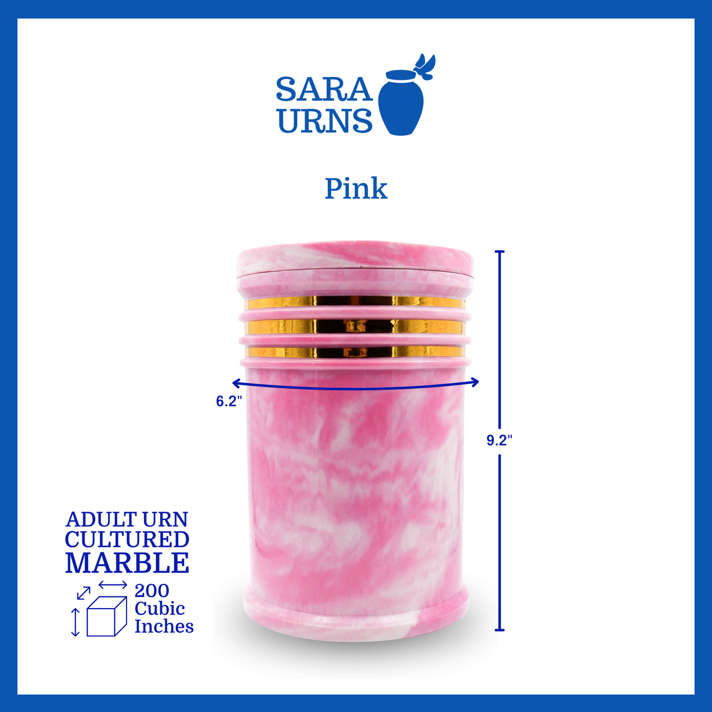 A pink cultured marble urn that is specified as 6.2 inches in diameter, 9.2 inches tall and is 200 cubic inches.