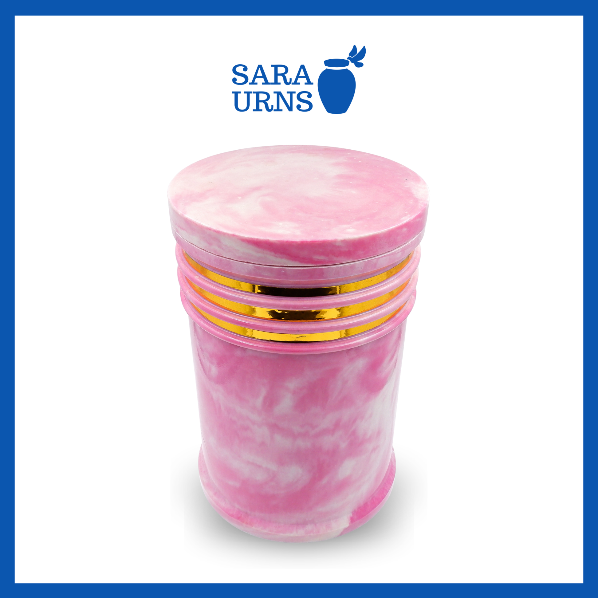 A higher angle of a pink polished cultured marble urn with an abstract, liquid marble pattern and gold detail over a white background.