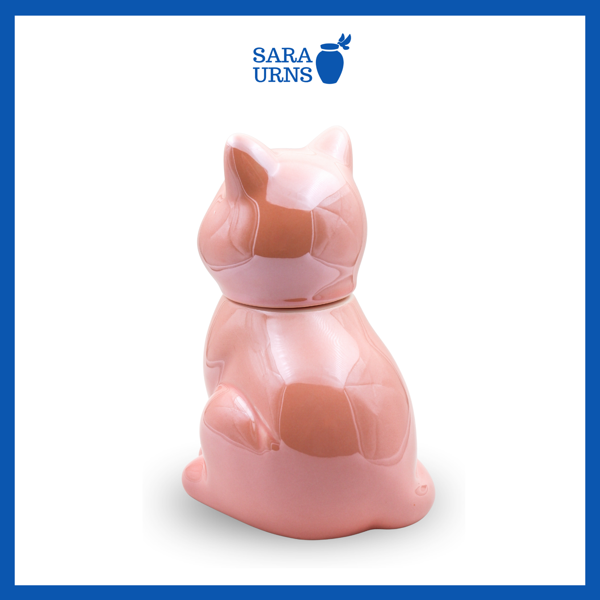 A back side of a pink ceramic pet urn with a cat-shaped silhouette over a white background.