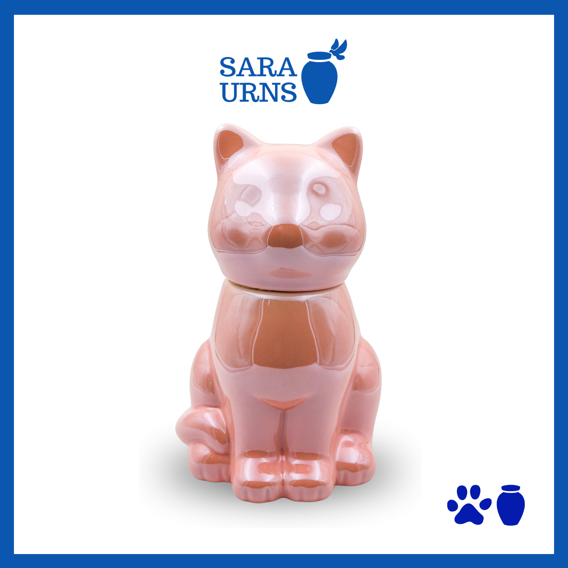 A pink ceramic pet urn with a cat-shaped silhouette over a white background.