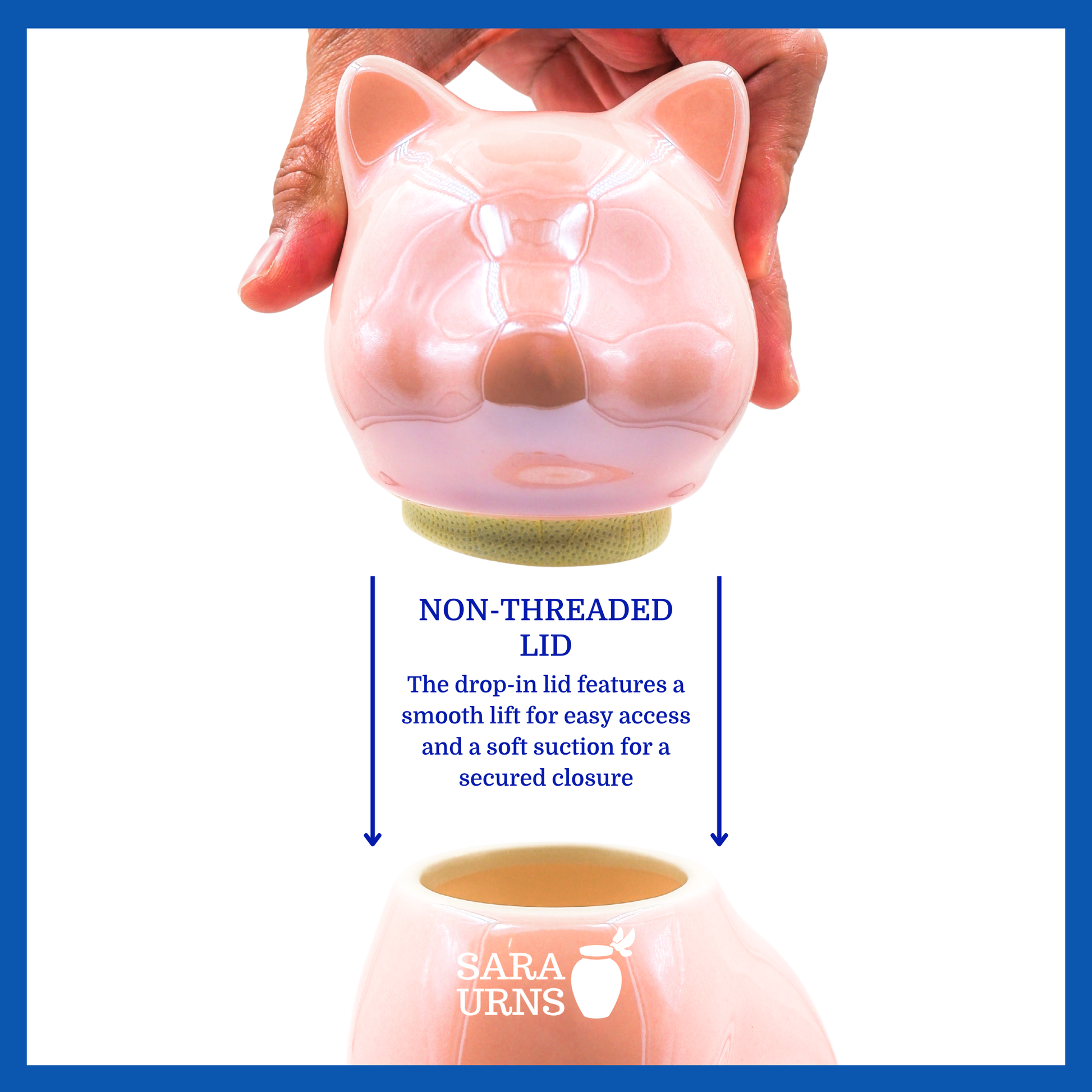 A presentation of a pink ceramic cat-shaped pet urn’s non-threaded lid which highlights its accessibility.