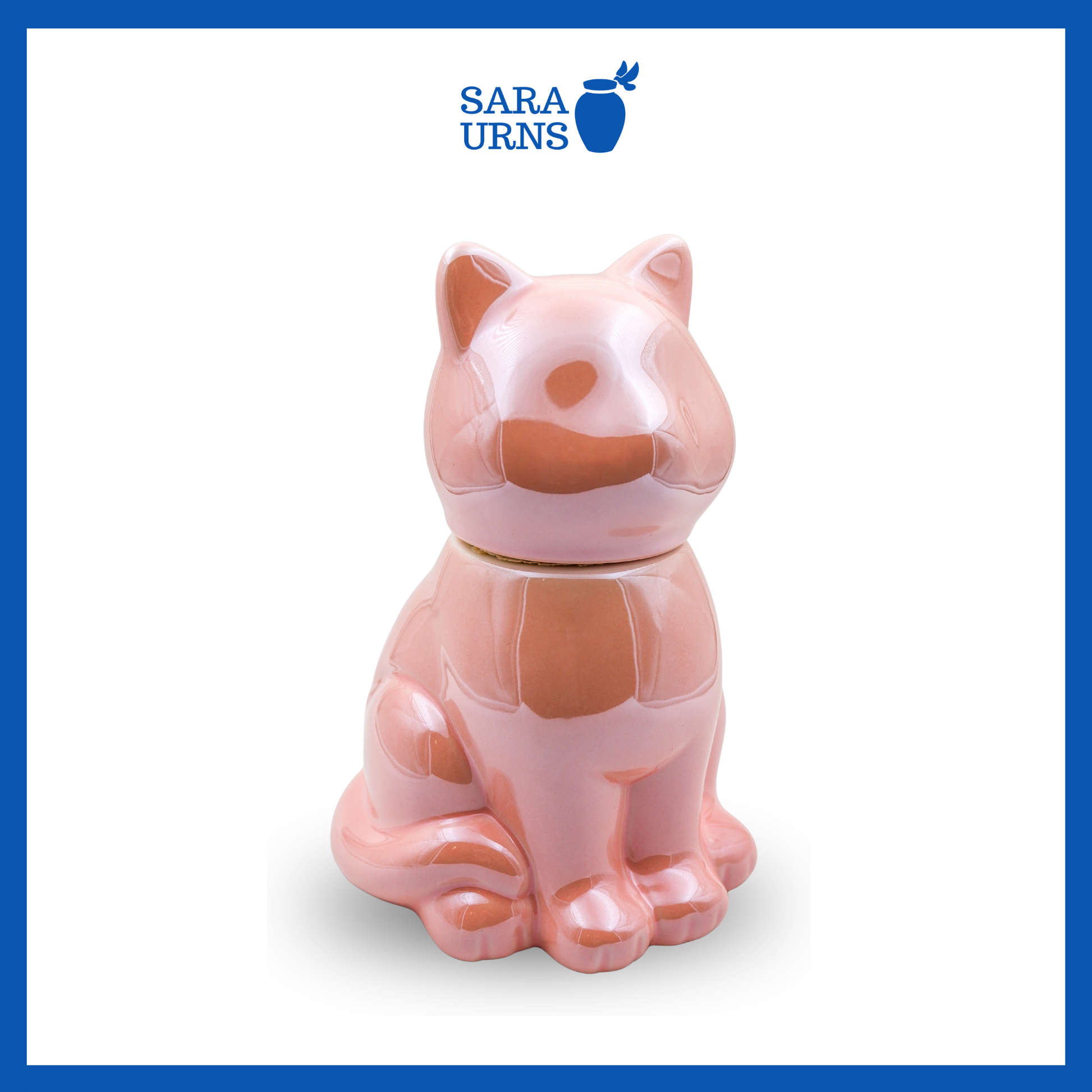 A side angle of a pink ceramic pet urn with a cat-shaped silhouette over a white background.
