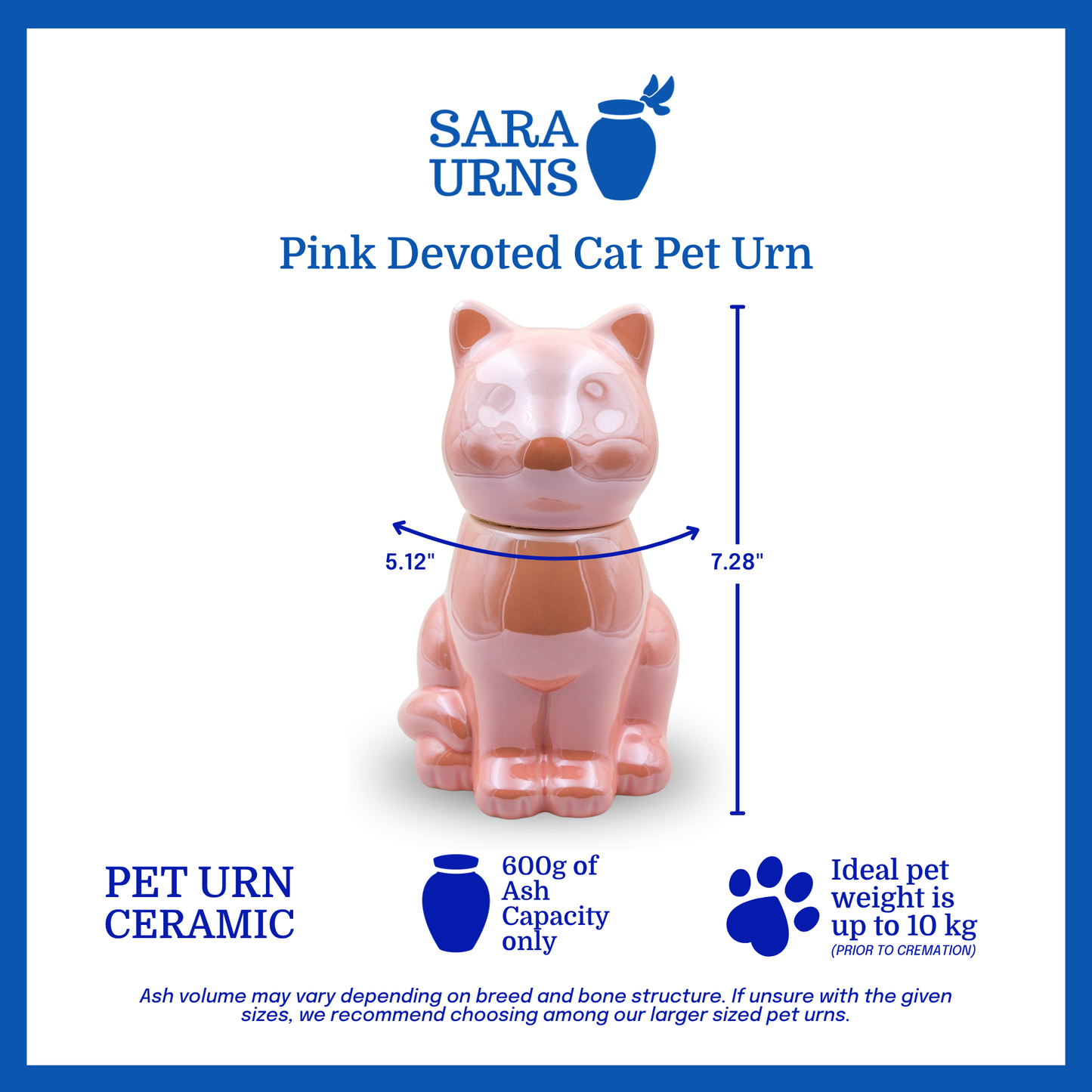 A pink ceramic pet urn with a cat-shaped silhouette that is specified as 5.12 inches in width and 7.28 inches tall with an ash capacity of 600 grams.
