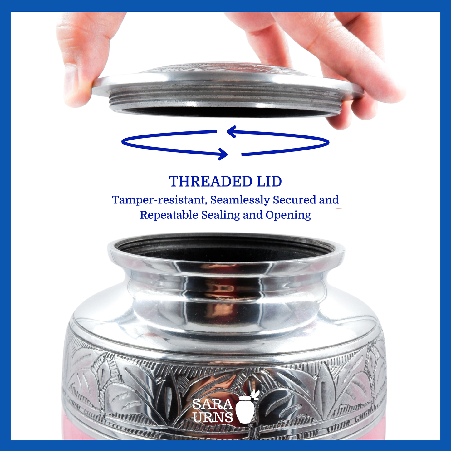 A presentation of a pink polished aluminum metal urn’s threaded lid which highlights its safety and security.