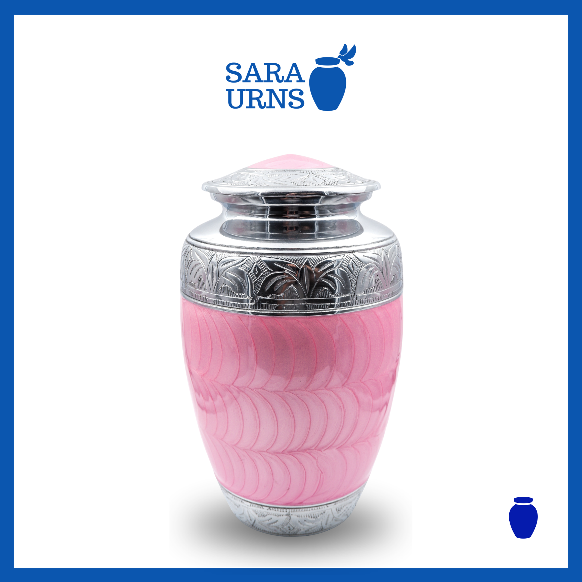 A pink polished aluminum metal urn with an enamel finish and hand-etched details over a white background.