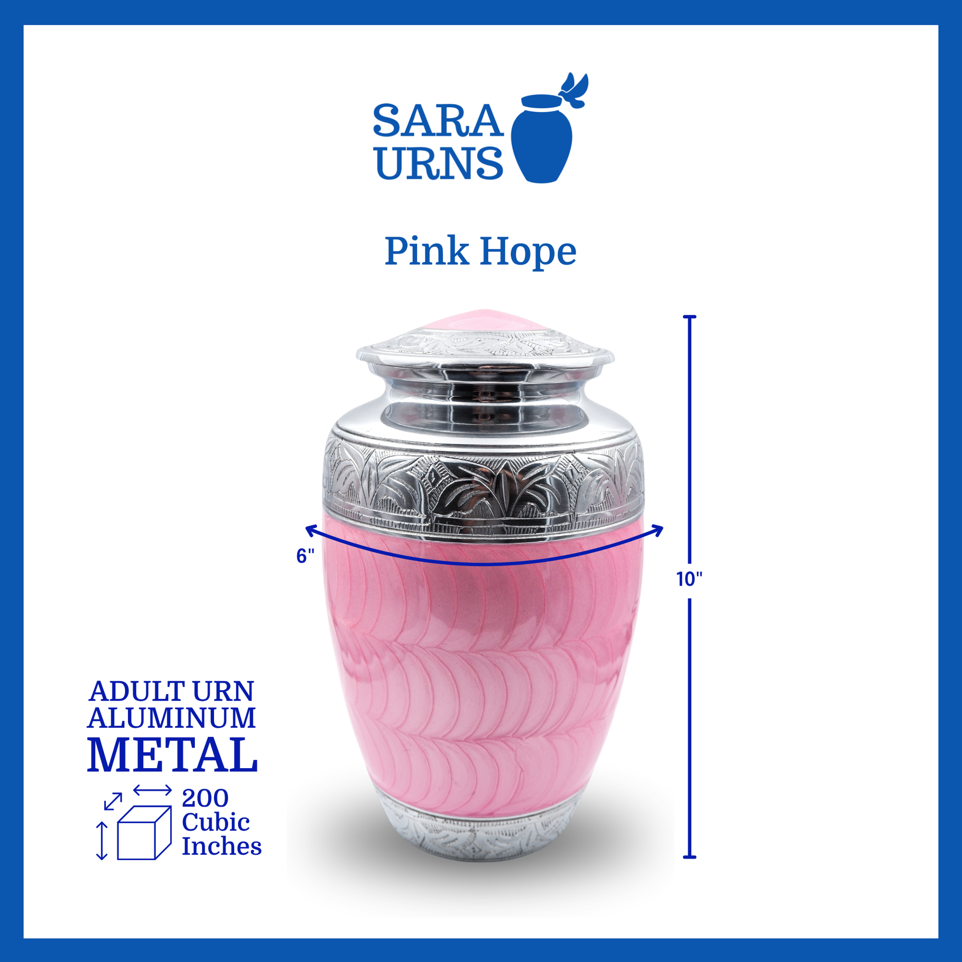 A pink polished aluminum metal urn with an enamel finish and hand-etched details that is specified as 6 inches in diameter, 10 inches tall and is 200 cubic inches.