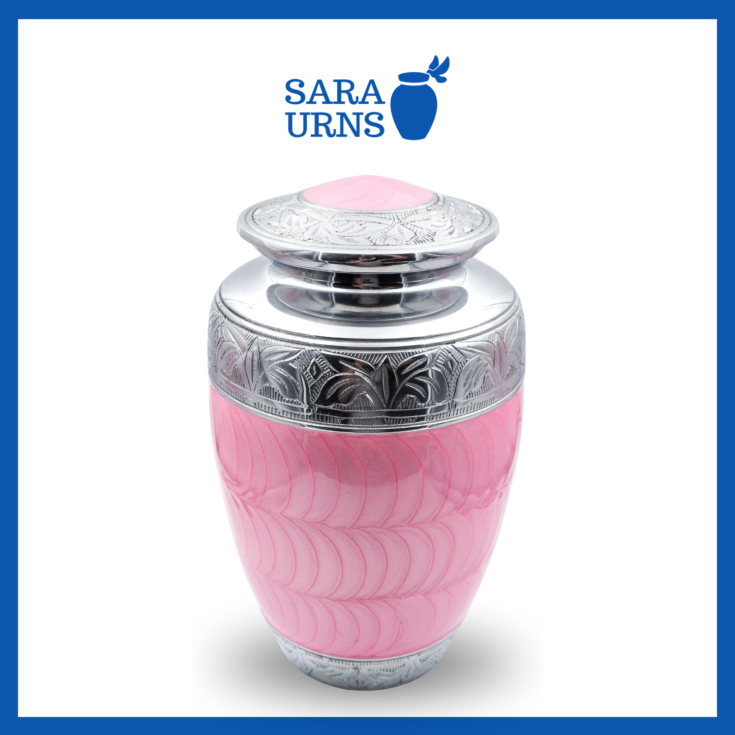 A higher angle of a pink polished aluminum metal urn with an enamel finish and hand-etched details over a white background.