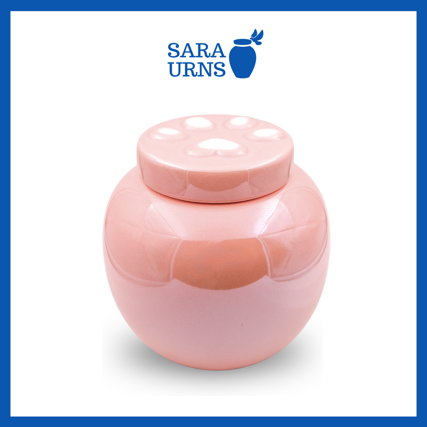 A close-up shot of a pink ceramic pet urn which highlights its pearly finish.