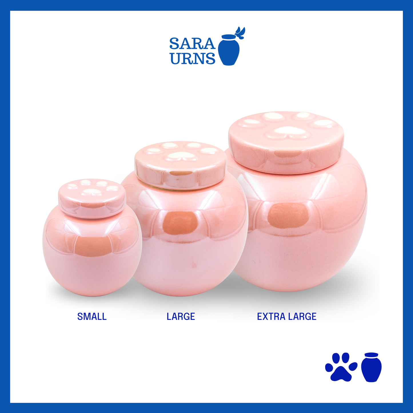 A pink ceramic pet urn with a pearly finish and an embossed paw detail in the lid over a white background.