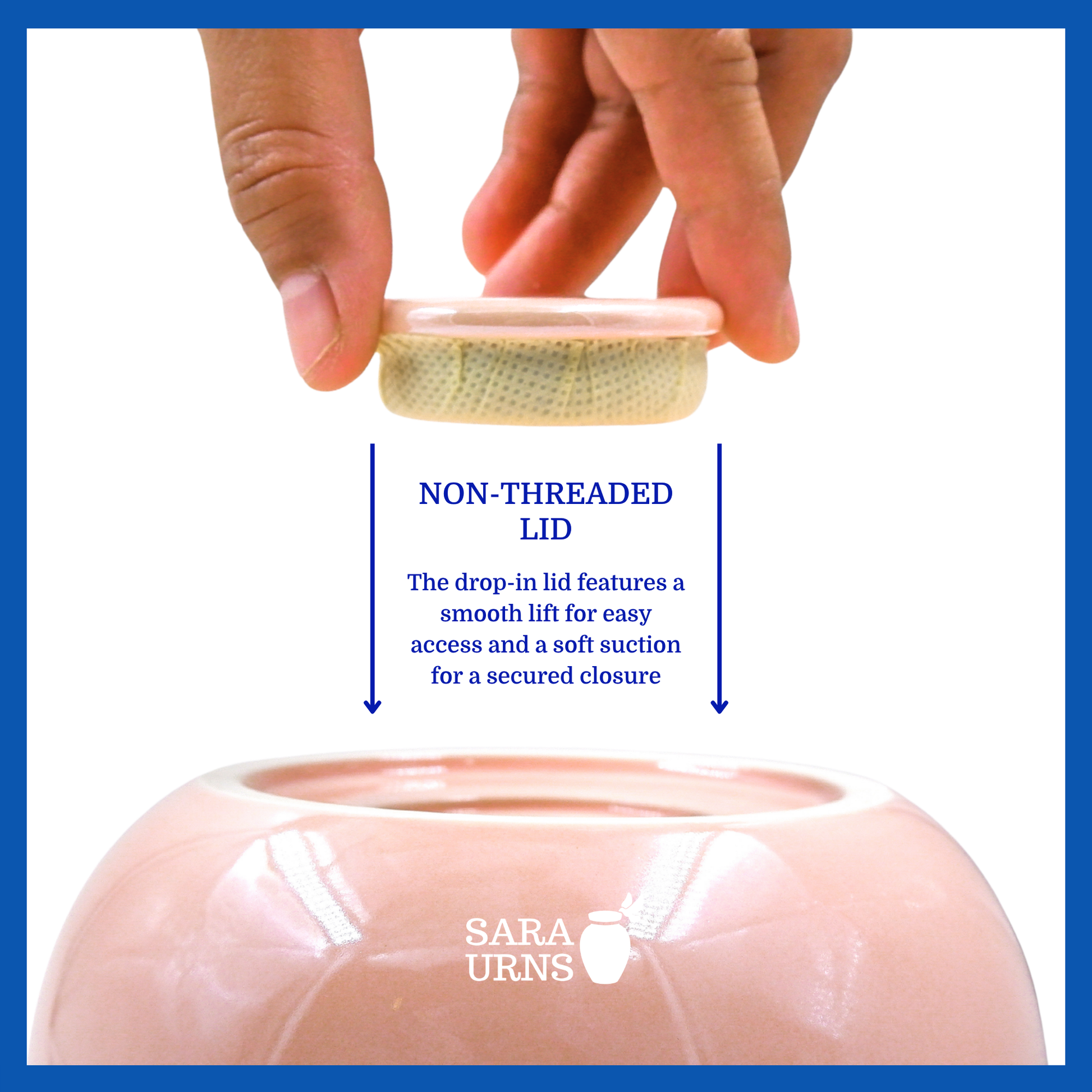 A presentation of a pink pearly ceramic pet urn’s non-threaded lid which highlights its accessibility.