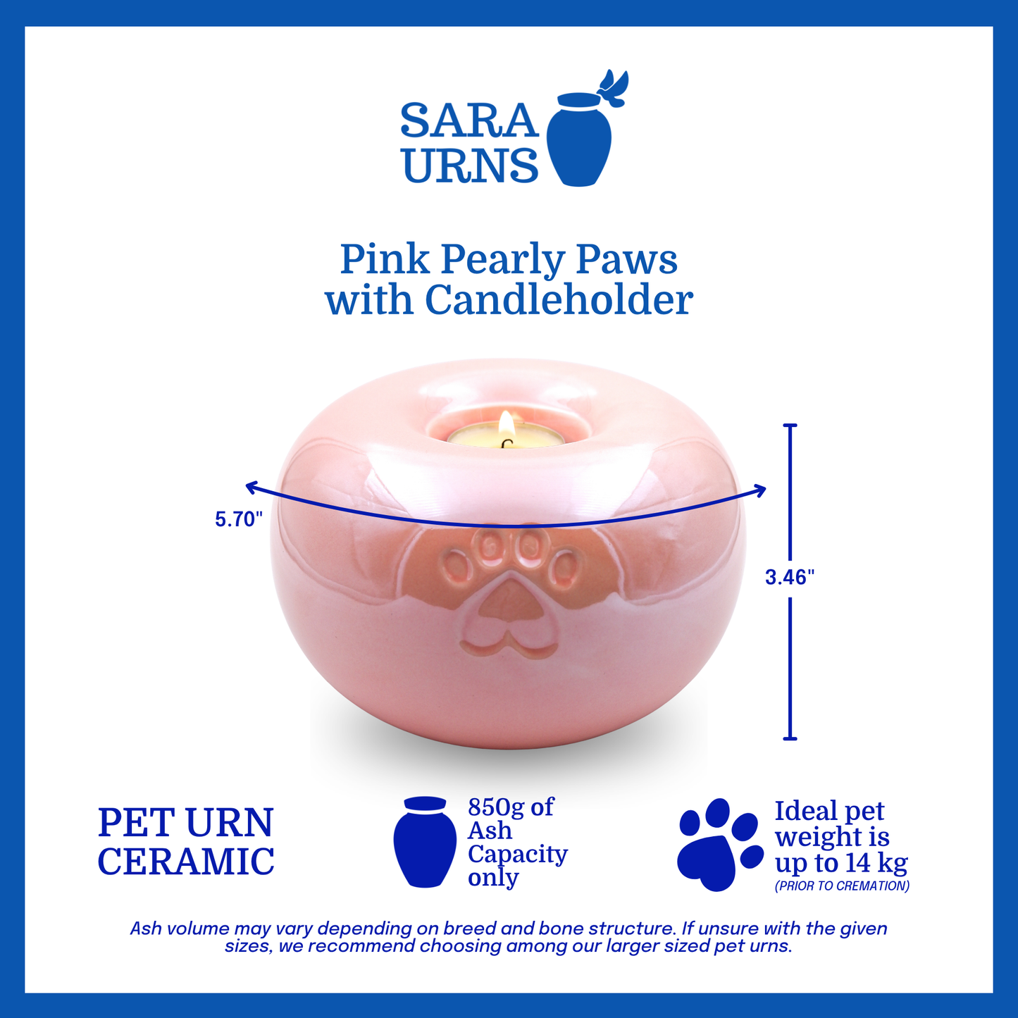 A pink pearly ceramic pet urn that is specified as 5.70 inches in width and  3.46 inches tall with an ash capacity of 850 grams.