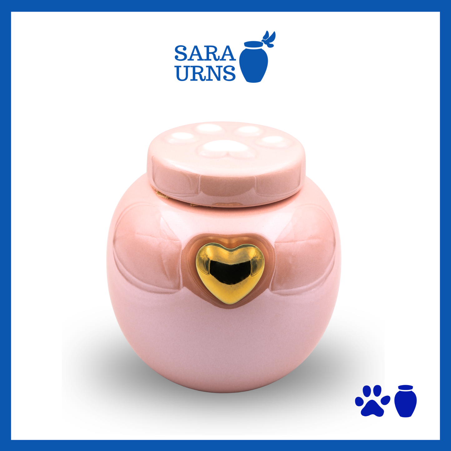 A pink ceramic pet urn with a pearly finish, a gold heart at its center and an embossed paw detail in the lid over a white background.