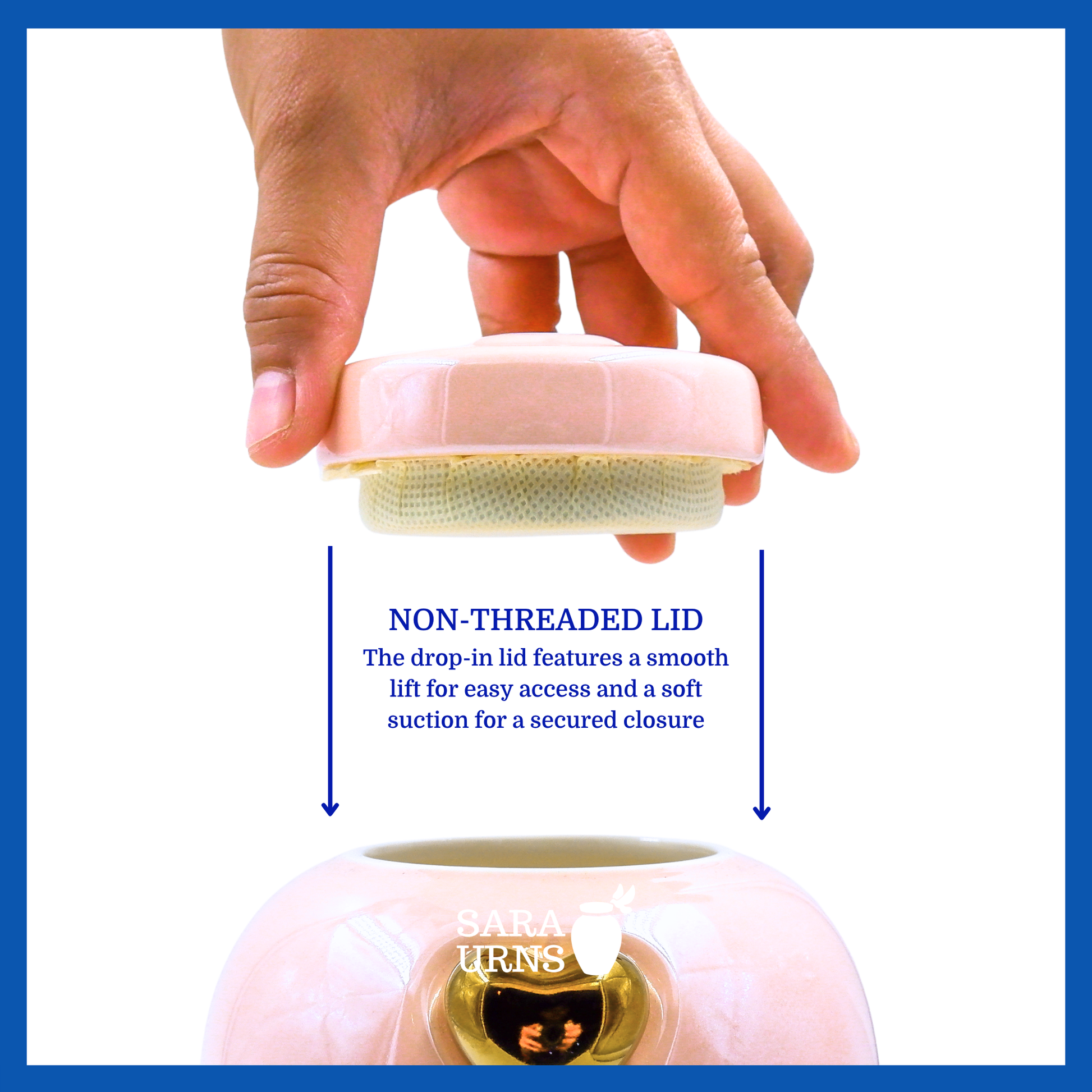 A presentation of a pink ceramic pet urn’s non-threaded lid which highlights its accessibility.