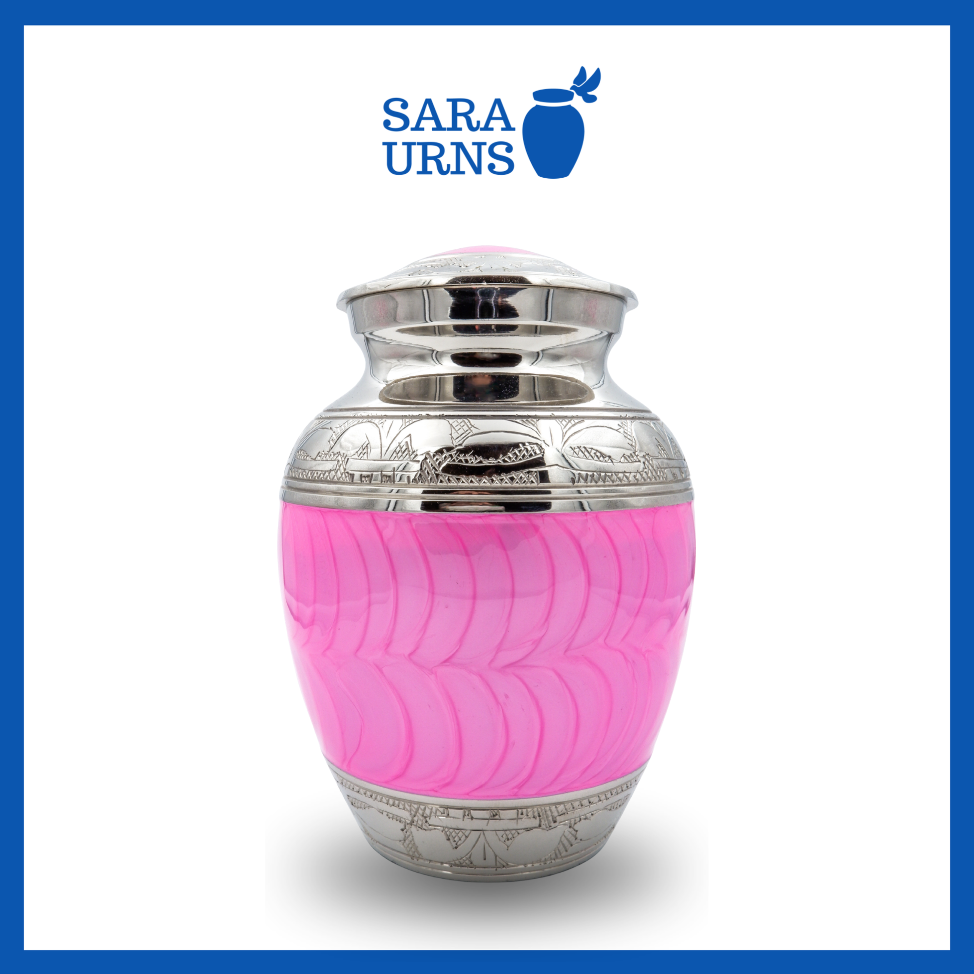 A close-up angle of a bright pink polished brass metal baby urn which highlights its enamel finish and silver hand-etched details.