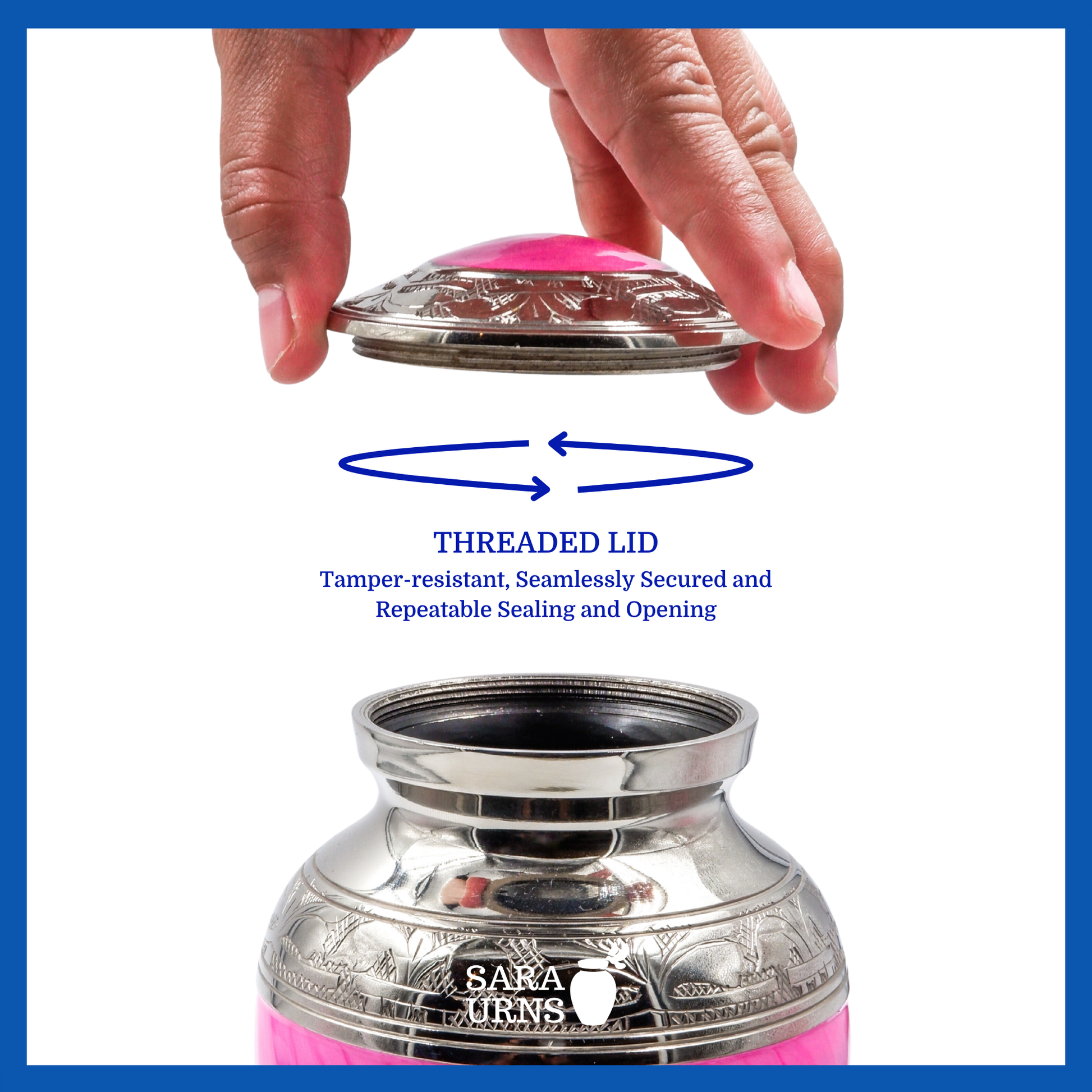 A presentation of a bright pink polished brass metal baby urn’s threaded lid which highlights its safety and security.