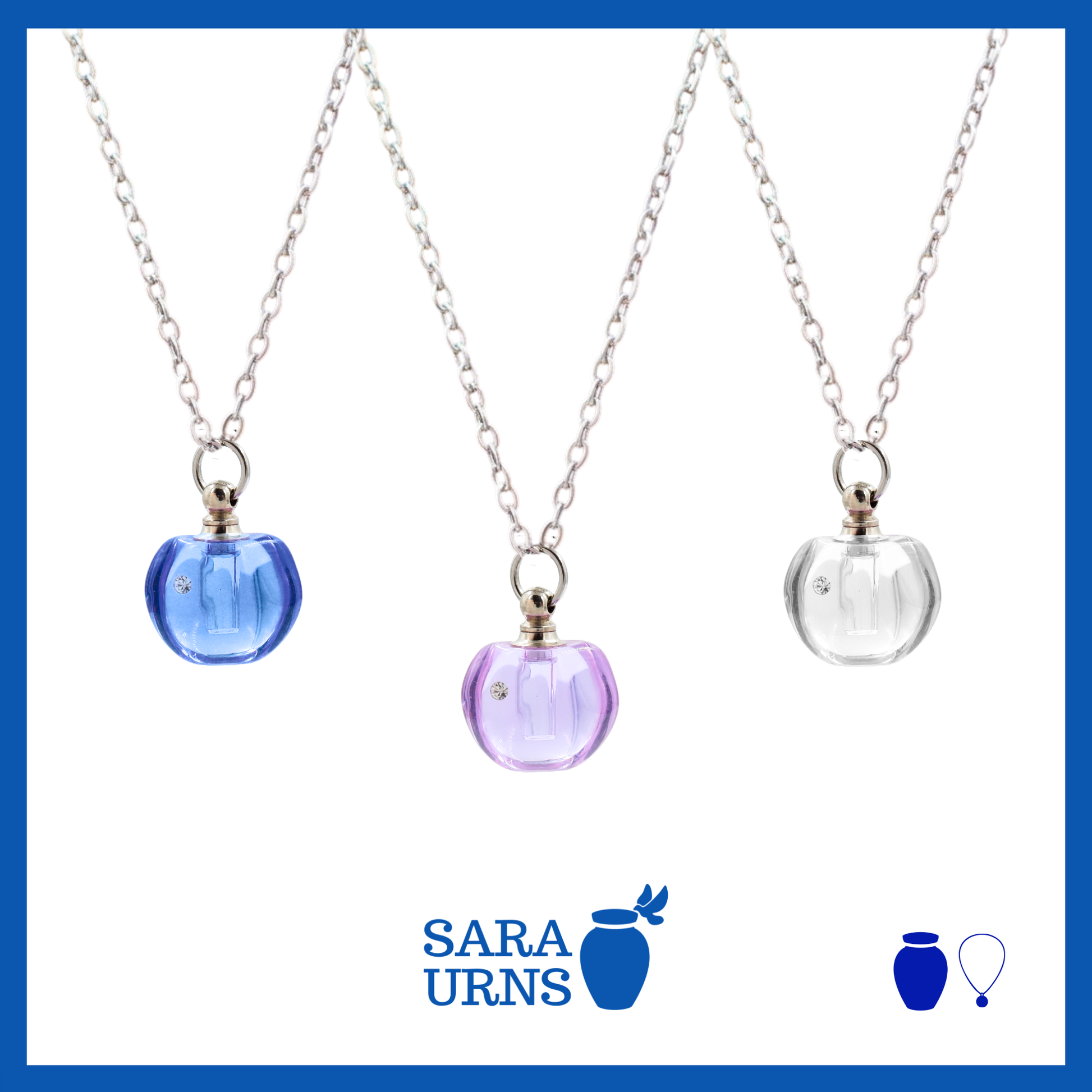 A presentation of ash necklaces’ pendants that is jewel-like in blue, purple and white over a white background.