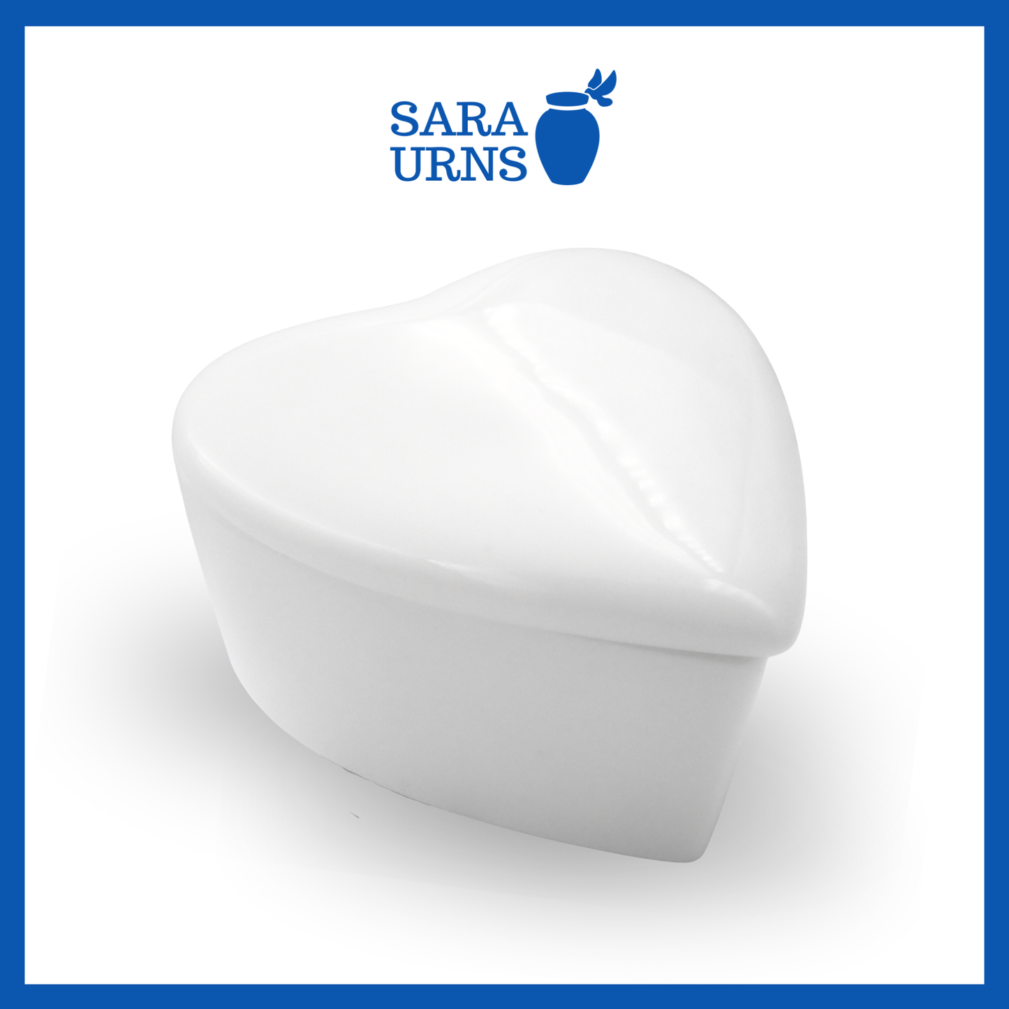 A close-up and upper angle of a white polished heart-shaped ceramic keepsake urn.