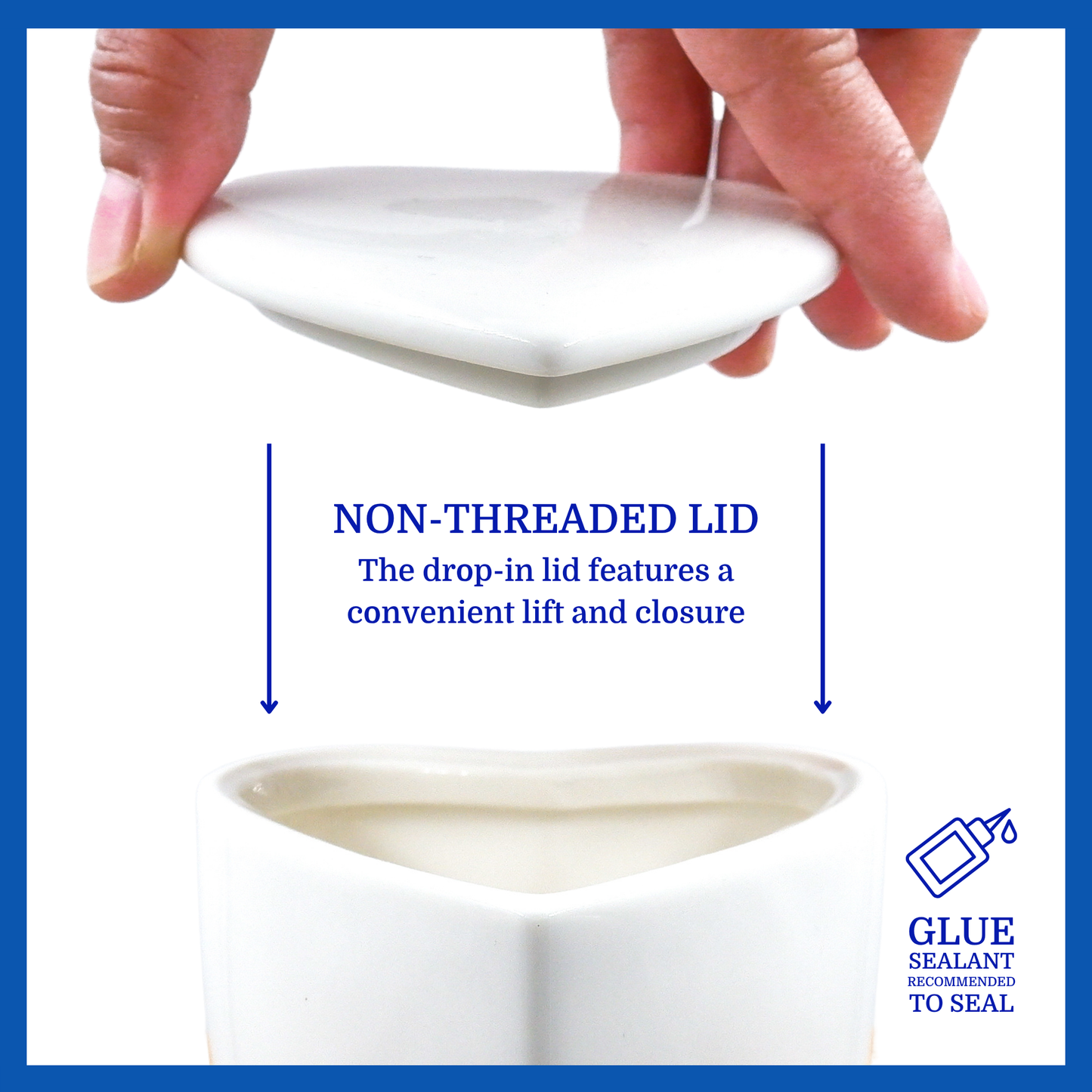 A presentation of white polished heart-shaped ceramic keepsake urn’s non-threaded lid which highlights its accessibility.