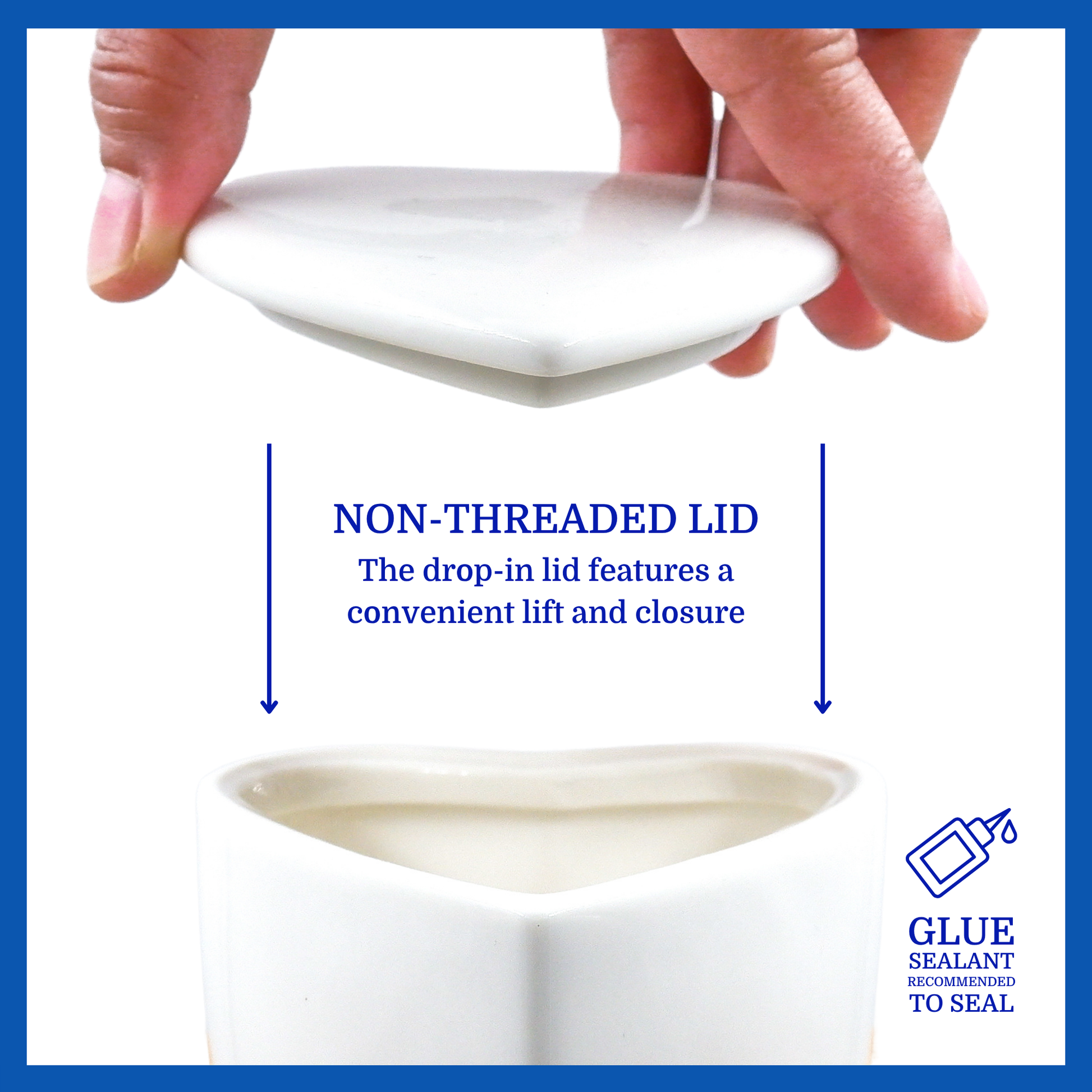 A presentation of white polished heart-shaped ceramic keepsake urn’s non-threaded lid which highlights its accessibility.