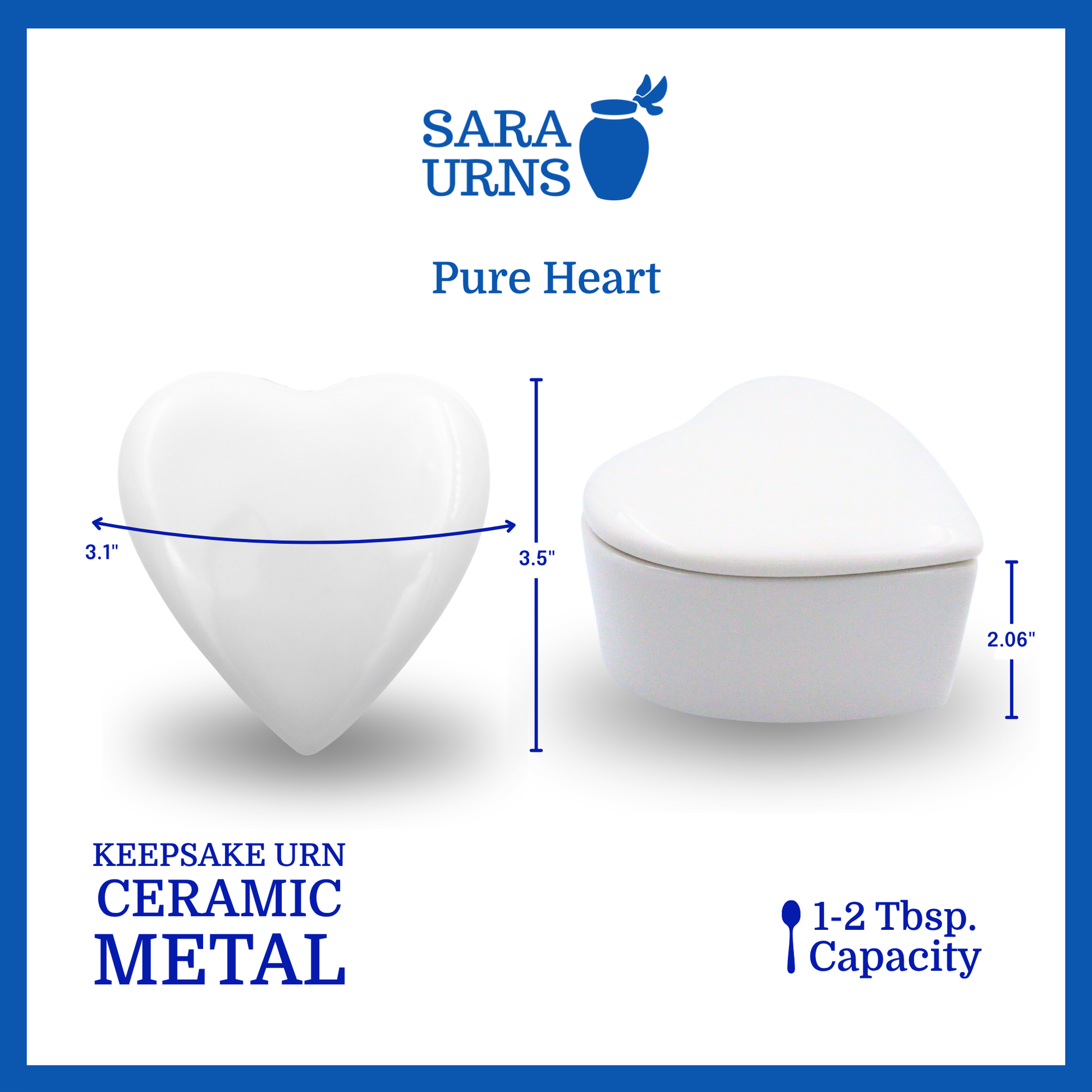A white polished heart-shaped ceramic keepsake urn that is specified as 2.06 inches in height, 3.1 inches in width and 3.5 inches in length and can approximately fit 1 to 2 tablespoons of ashes.