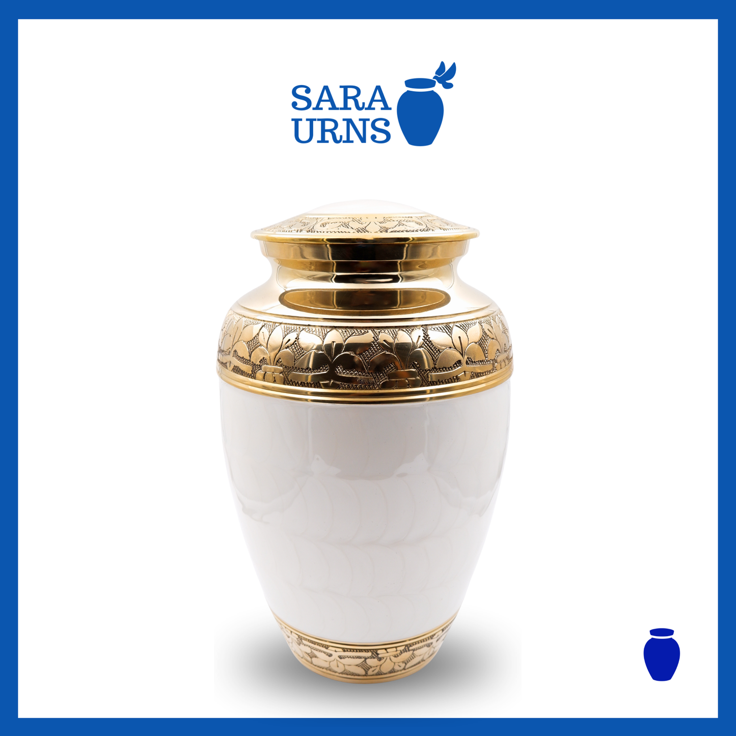 A white polished brass metal urn with a golden, hand-etched leaf pattern detail over a white background.