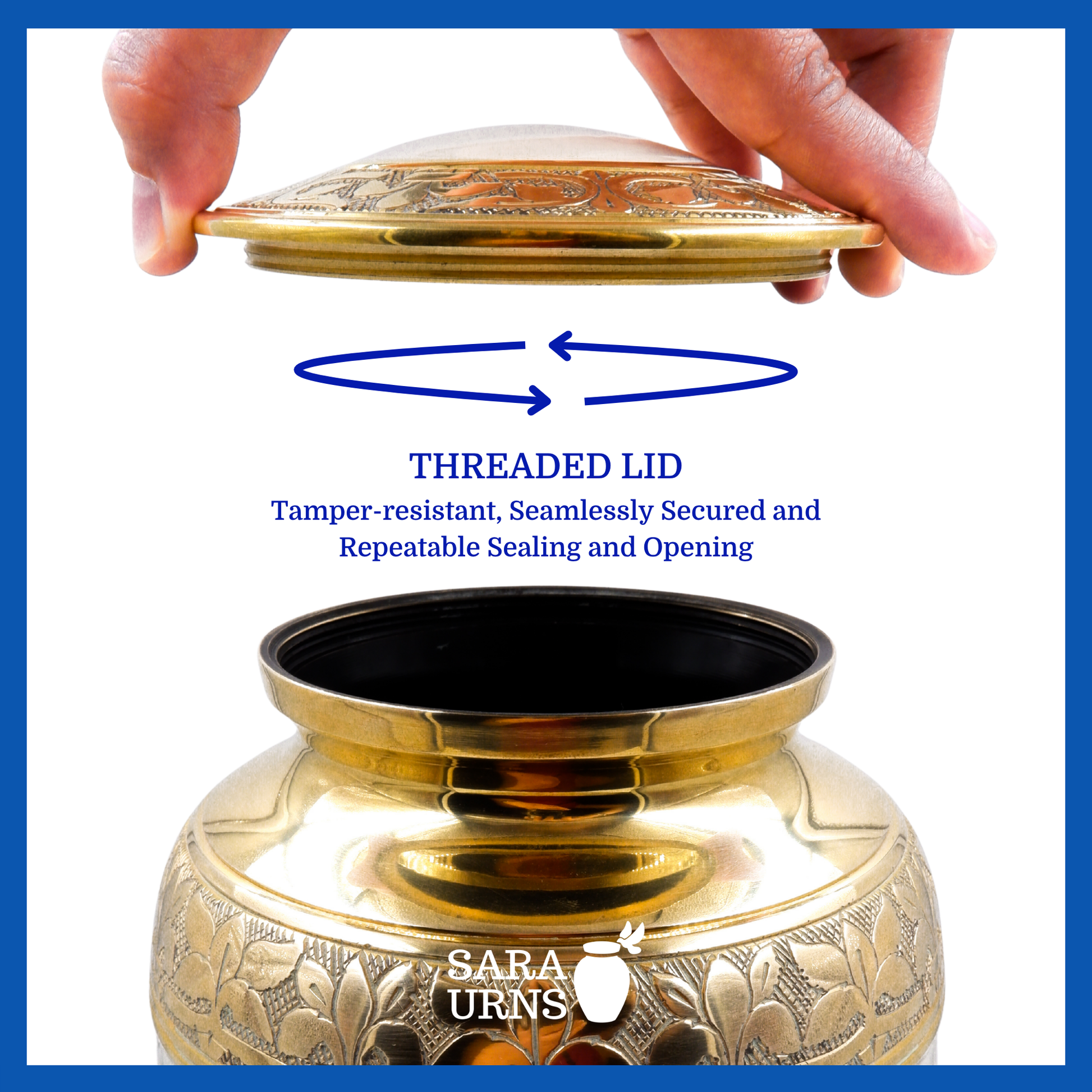 A presentation of a white polished brass metal urn with a golden, hand-etched leaf pattern details’ threaded lid which highlights its safety and security.