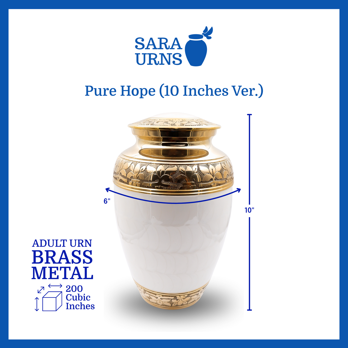 A white polished brass metal urn with a golden, hand-etched leaf pattern detail  that is specified as 6.5 inches in diameter, 10 inches tall and is 200 cubic inches.