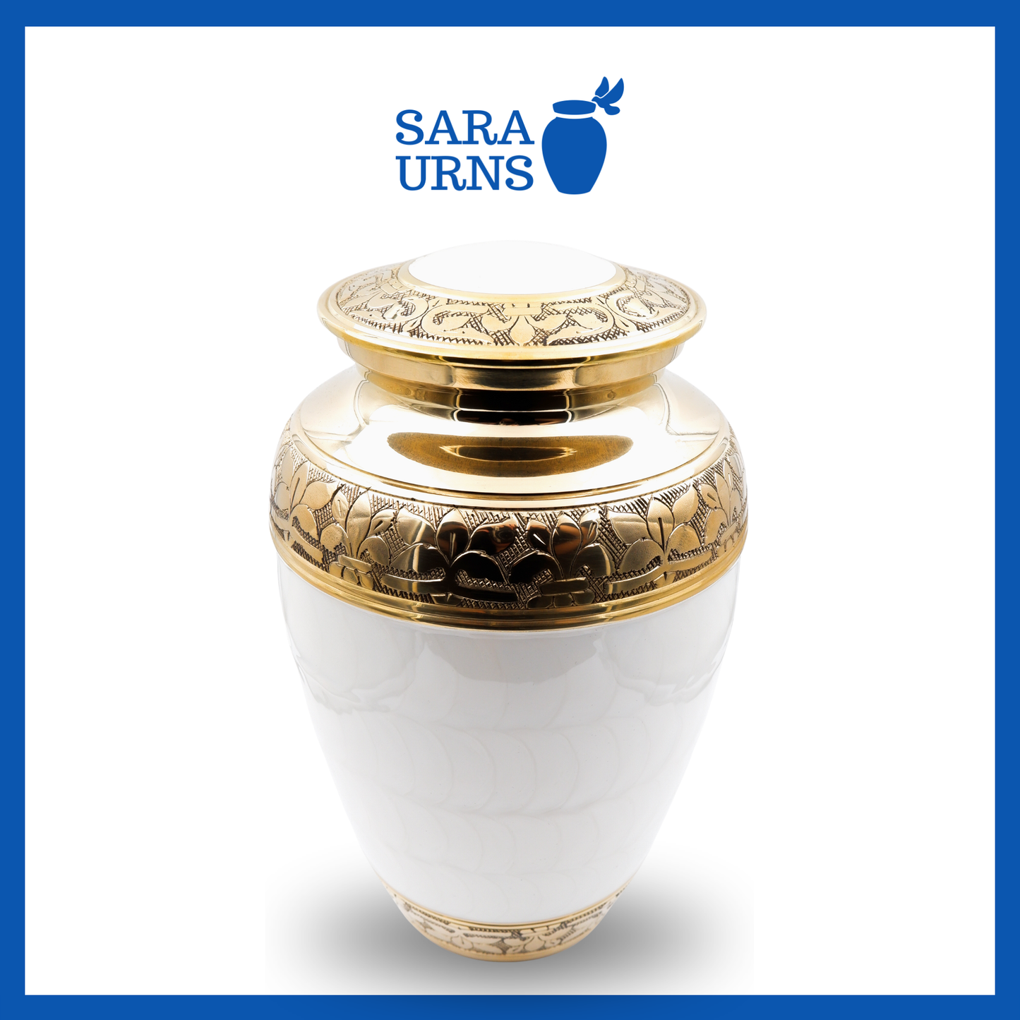 A white polished brass metal urn with a golden, hand-etched leaf pattern detail over a white background.