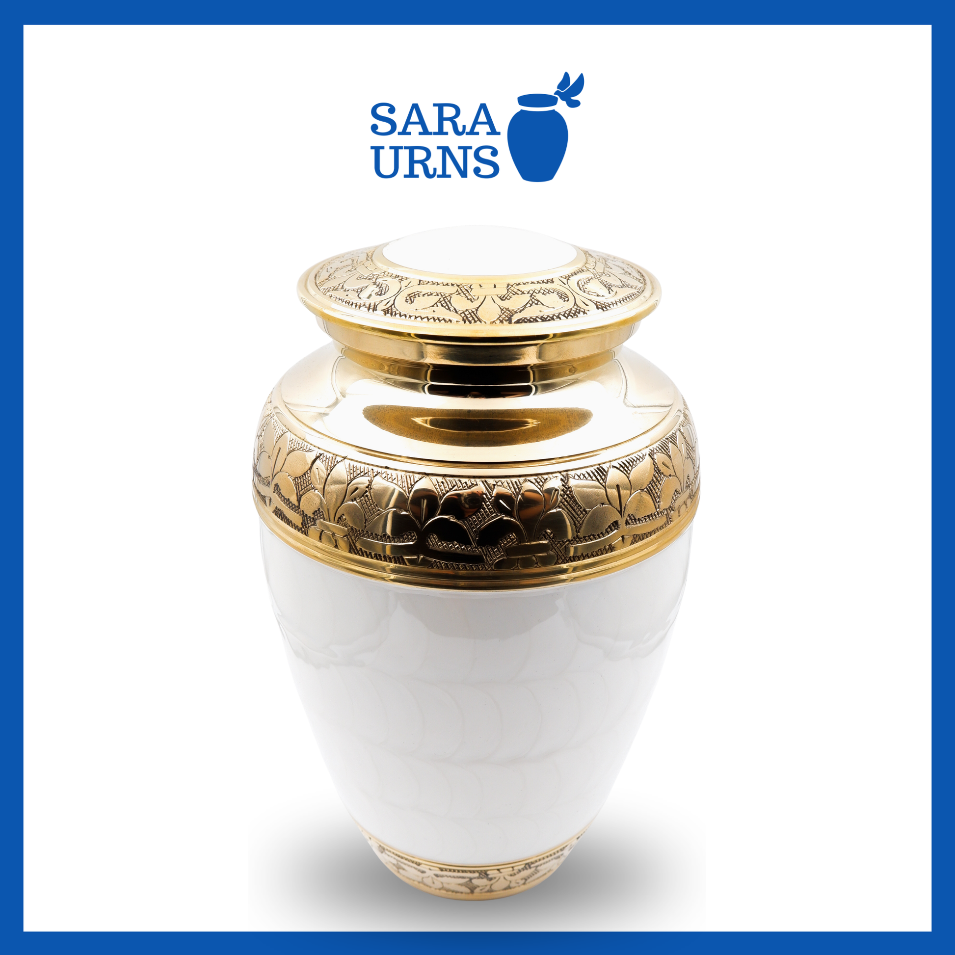 A white polished brass metal urn with a golden, hand-etched leaf pattern detail over a white background.