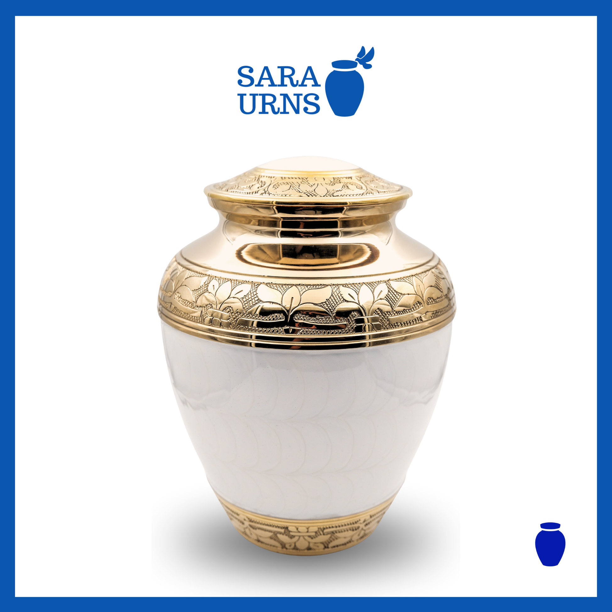 A white polished brass metal urn with a golden, hand-etched leaf pattern detail over a white background.