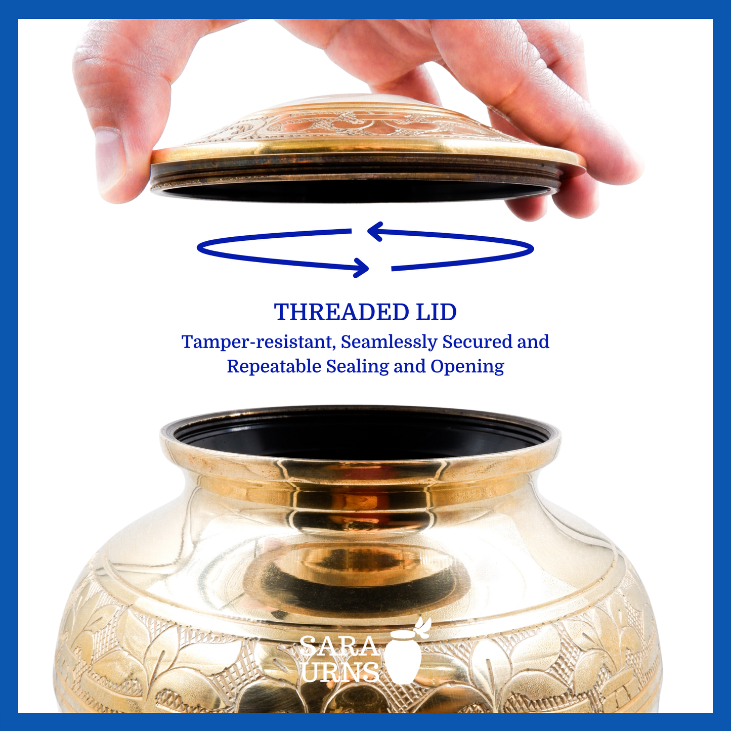 A presentation of a white polished brass metal urn’s threaded lid which highlights its safety and security.