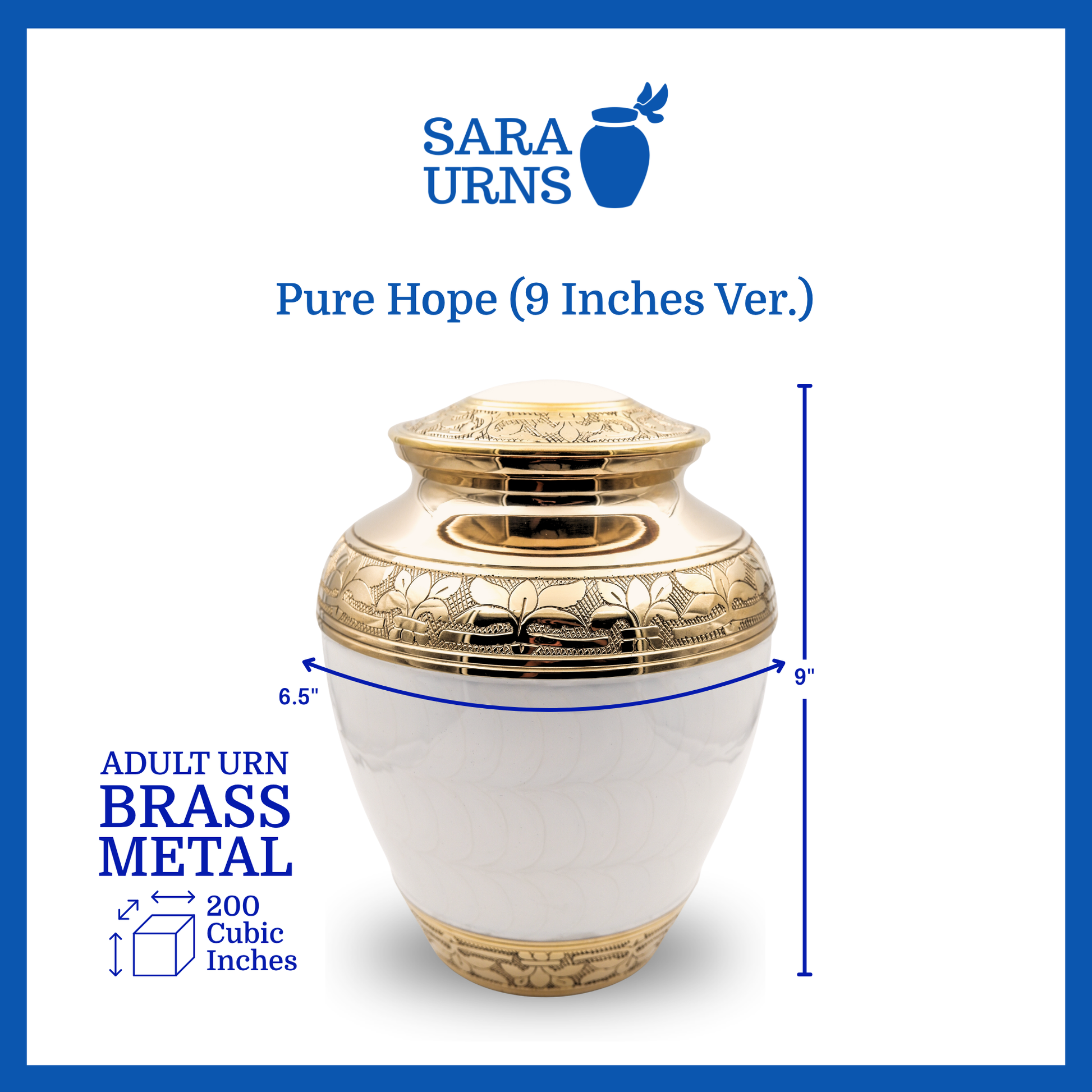 A white polished brass metal urn with a golden, hand-etched leaf pattern detail  that is specified as 6.5 inches in diameter, 9 inches tall and is 200 cubic inches.