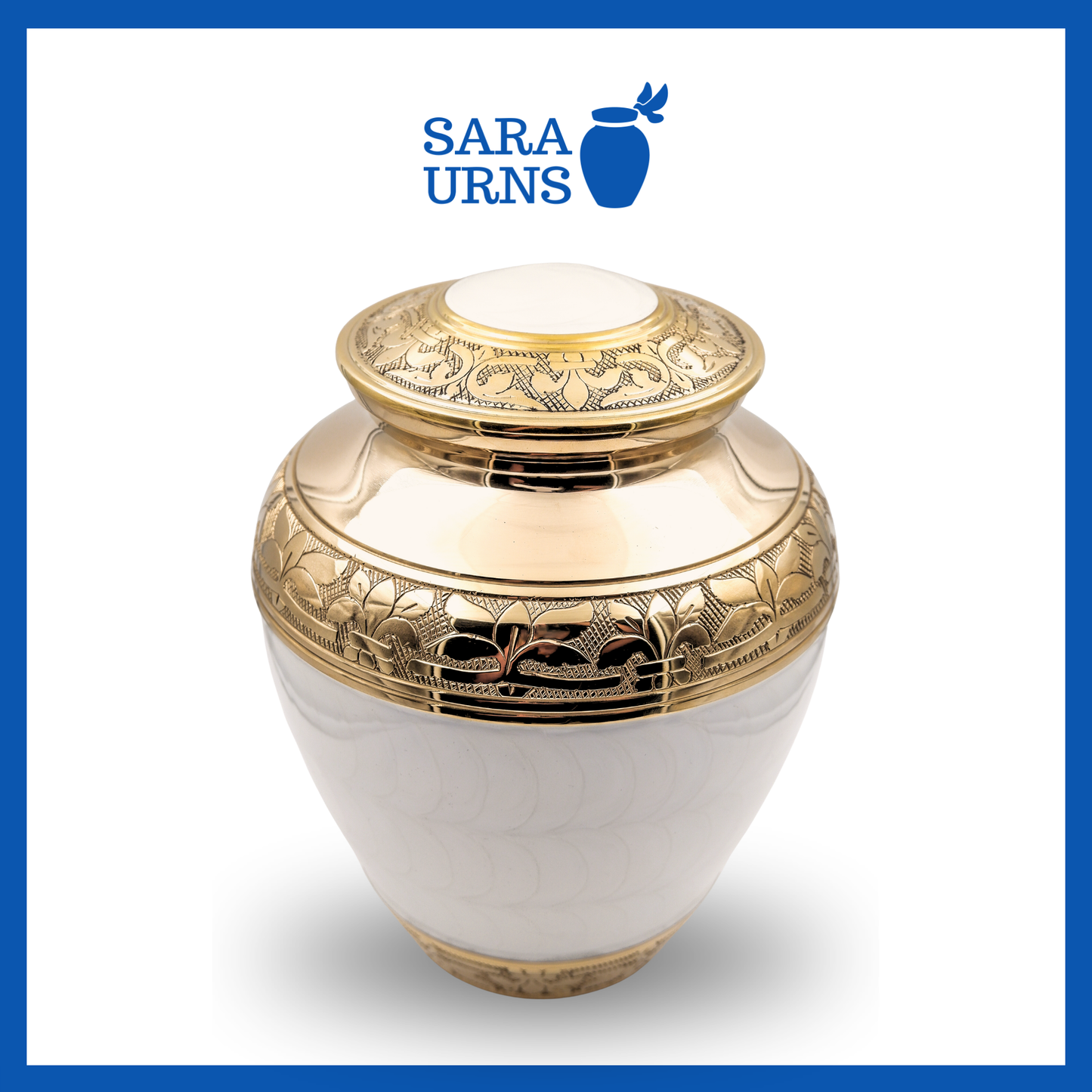 A white polished brass metal urn with a golden, hand-etched leaf pattern detail over a white background.