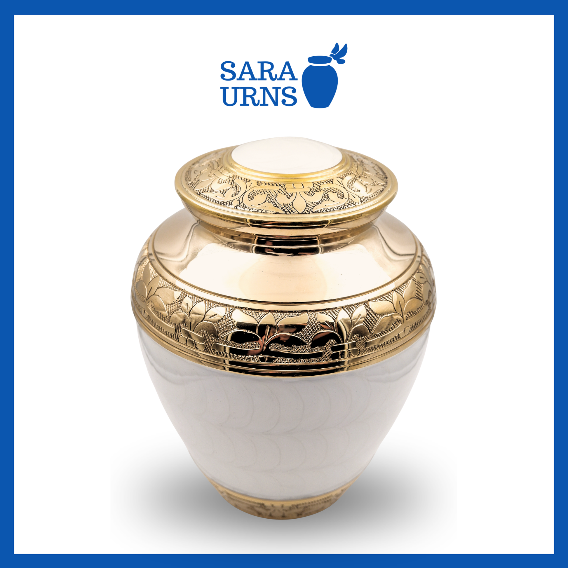 A white polished brass metal urn with a golden, hand-etched leaf pattern detail over a white background.