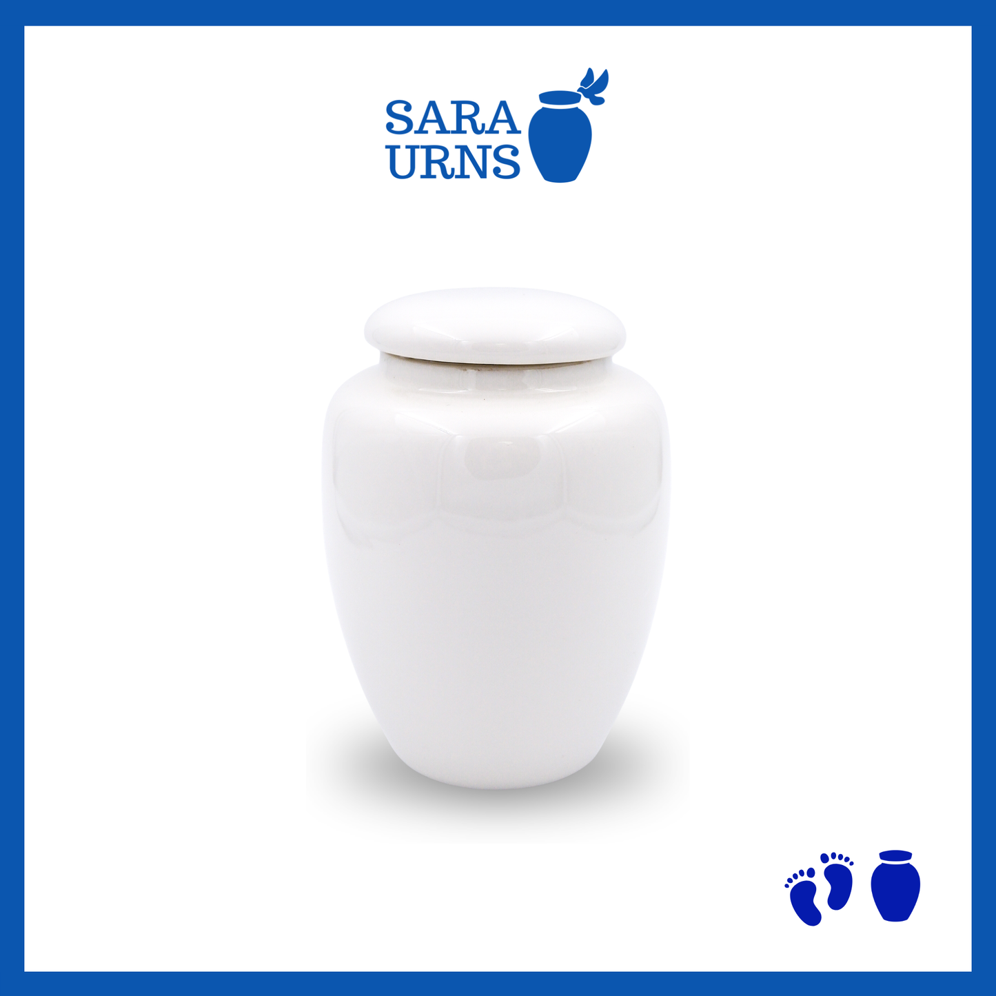 An all-white polished ceramic baby urn over a white background.